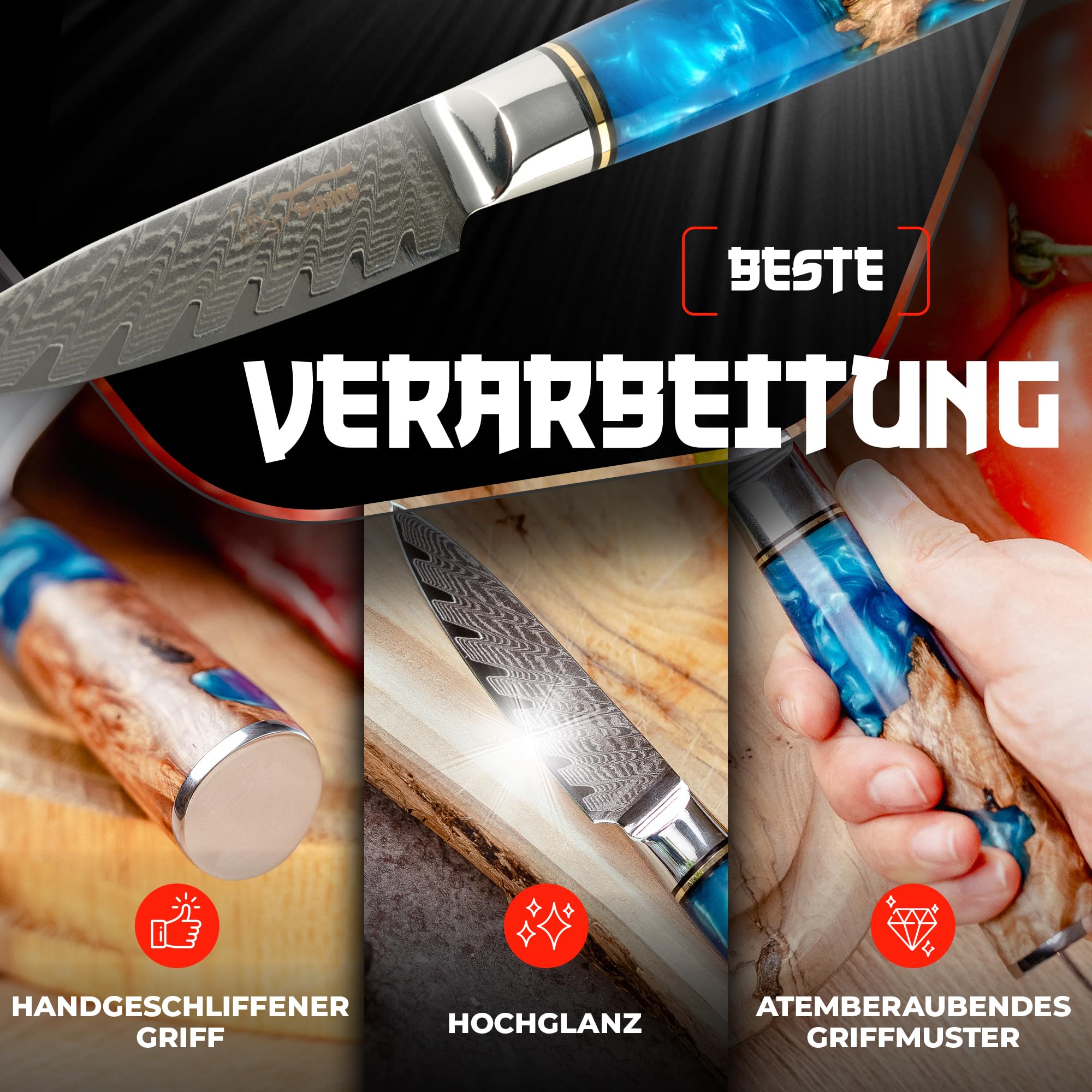 Tsume Schälmesser Saphir, Klingenlänge 9cm, Echtes Damast Küchenmesser, 67 Schichten VG10 Edelstahlkern mit blauem und weißen Kunstharz und Holz Handgriff, Rasiermesserscharf