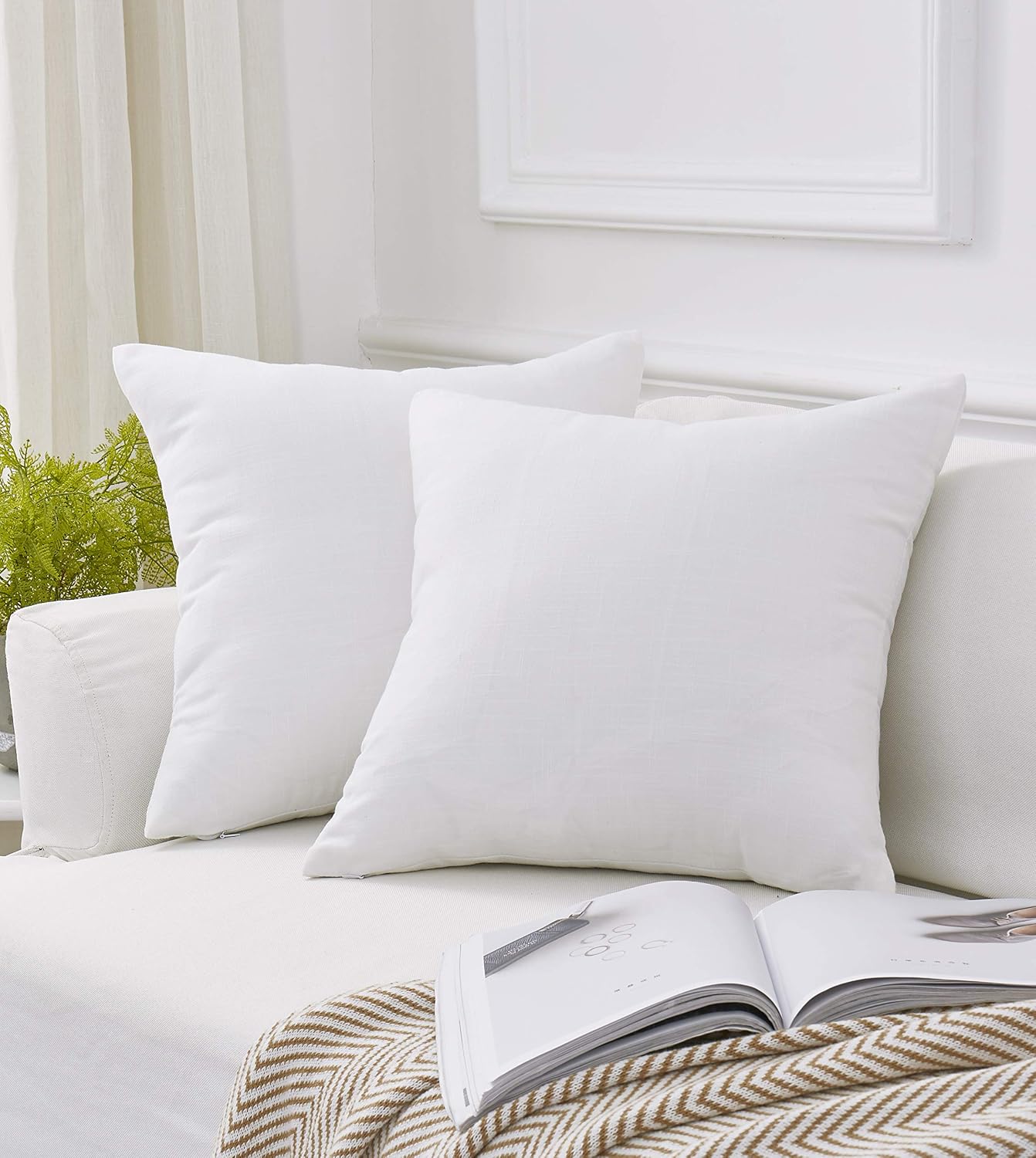 Oubonun White Throw Pillow Cover 20x20, Faux Linen Square Decorative Pillow Cover for Sofa Bed Couch, White, Set of 2