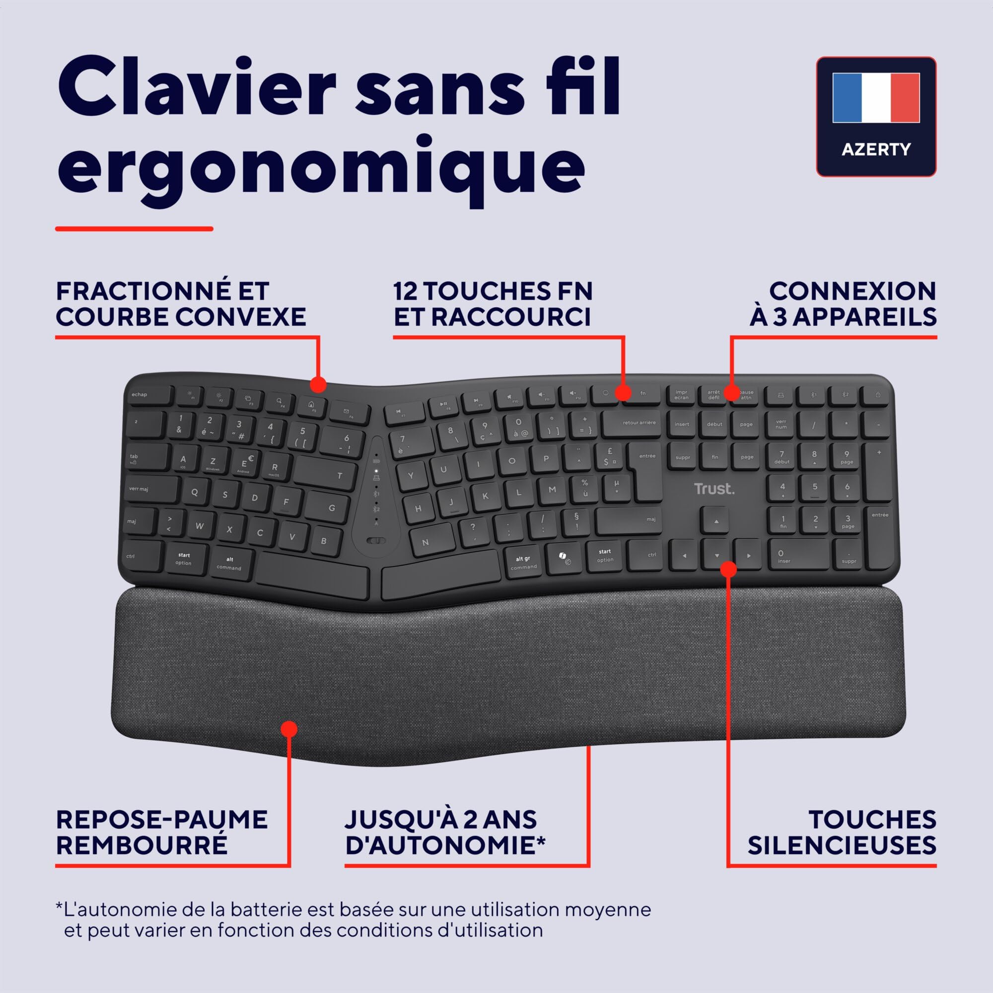 Trust Arvia Clavier Ergonomique sans Fil AZERTY Français Silencieux, Noir | Bluetooth + 2.4GHz, Clavier Bluetooth Multi-appareils Deux Parties avec Repose-Paume, PC Ordinateur Portable Mac