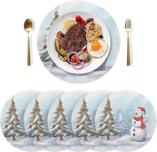 Juego de 6 manteles individuales de árbol de muñeco de nieve de Navidad, manteles individuales redondos lavables para mesa de comedor, manteles
