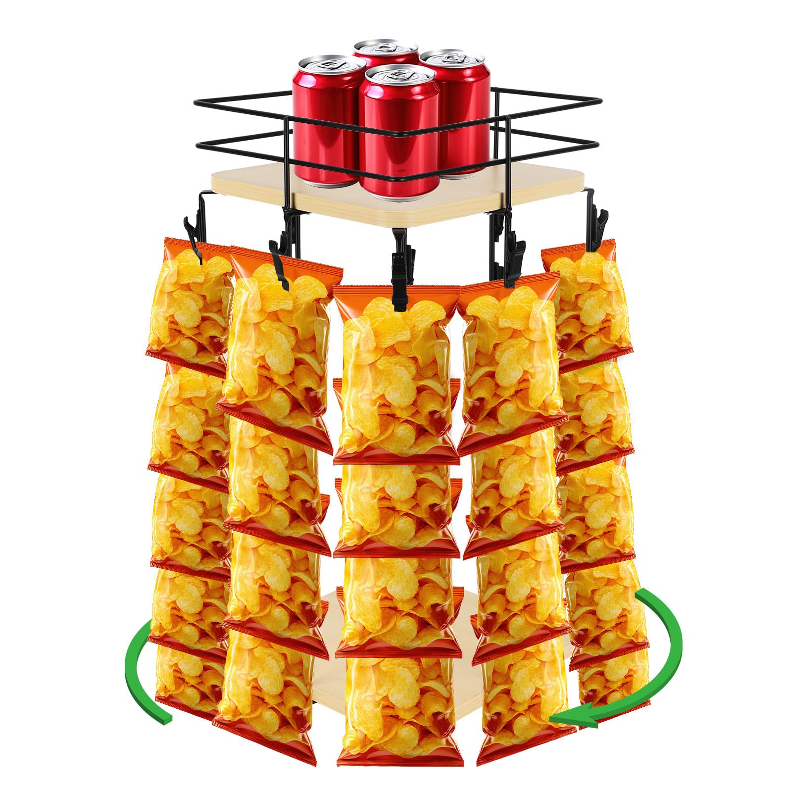 Penitue Porta Patatine, 8 Ripiani 40 Clip Girevole a 360 Gradi Espositore per Snack con Cestello Portaoggetti Superiore Organizer Snack per Patate Patatine Caramelle Bevande Feste Ufficio