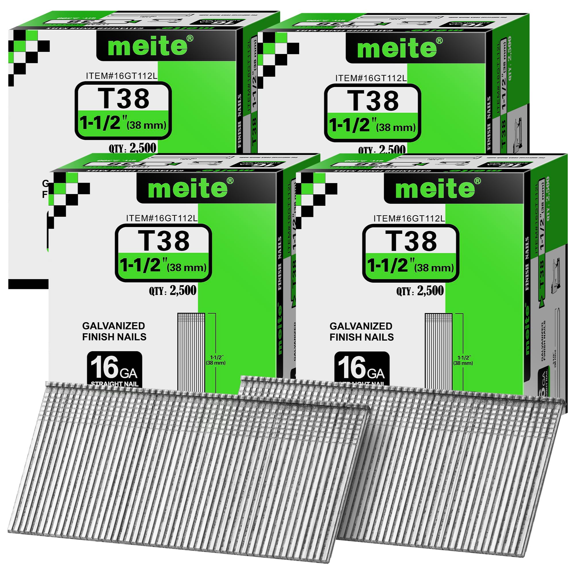 meite 16 Gauge Finish Nails 1-1/2 Inch Galvanized Straight Finish Nails for Pneumatic Cordless Finish Nailer Gun, Small T-Head Trim Nails for Baseboard Crown Molding Cabinet Casing, 4 Boxes/10000PCS
