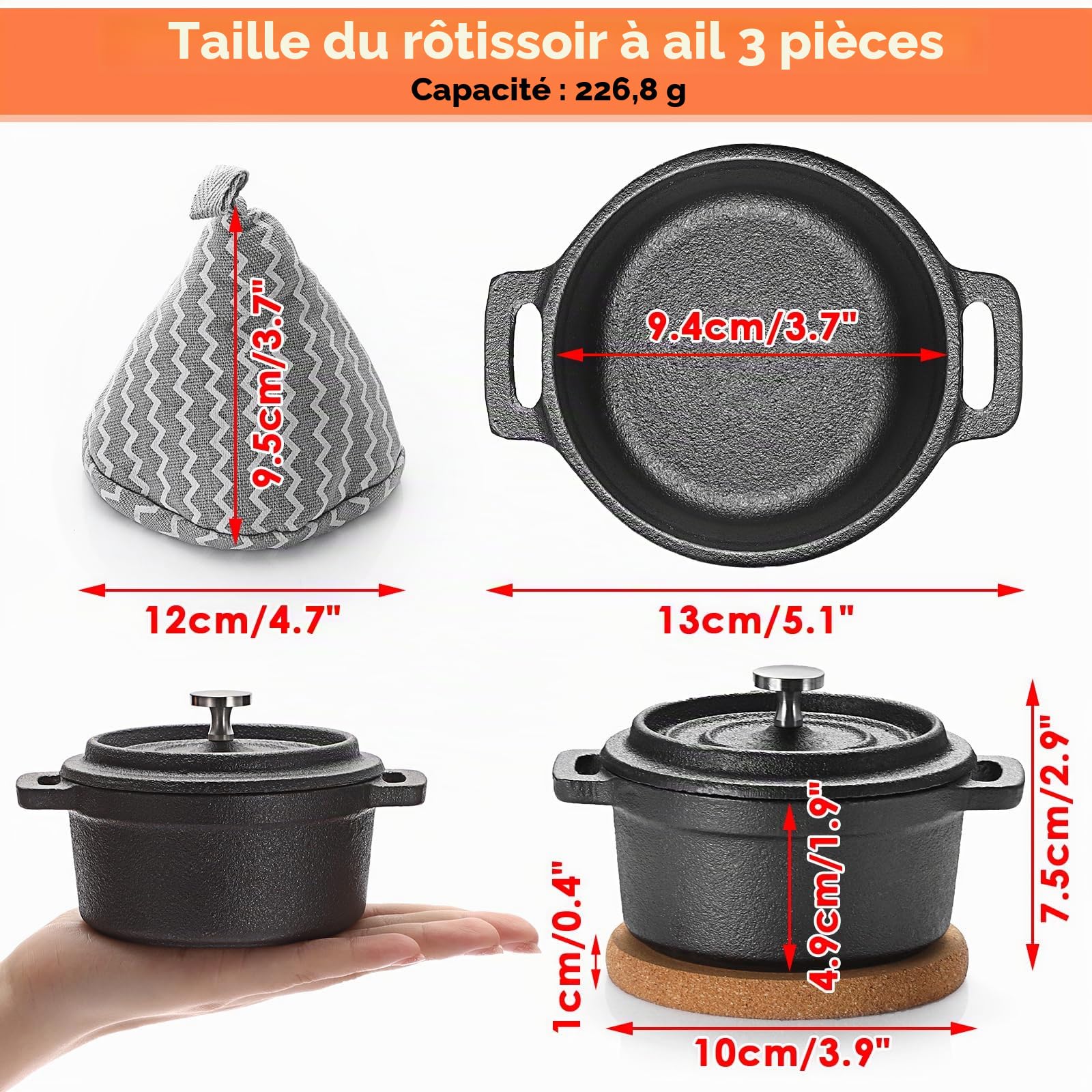 SUMNACON Lot de 3 mini cocottes rondes en fonte de 236,8 g avec couvercle et tapis en liège pour fête de famille, pique-nique