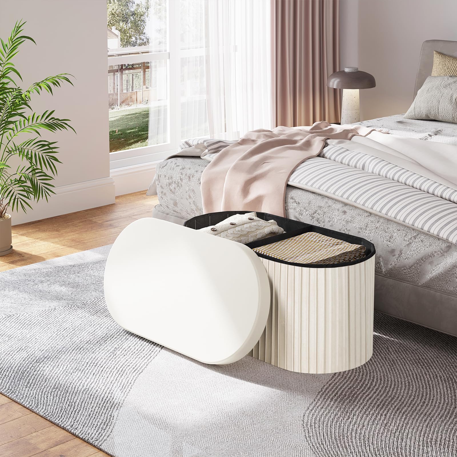 WOLTU Panca Contenitore, Cassapanca Contenitore Interno 76L, Poggiapiedi da Divano Pieghevole, Coperchio Rimovibile, per Soggiorno, Camera da Letto, 76x38x38cm, Crema