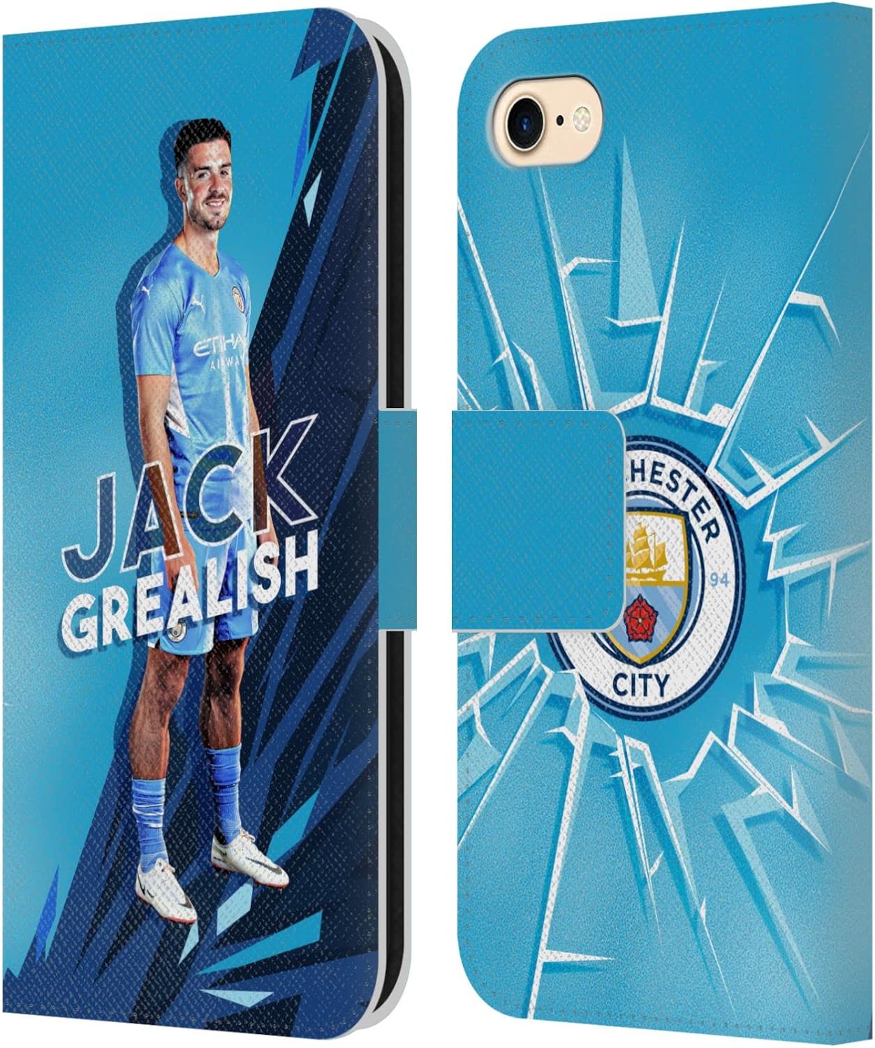 Head Case Designs Officially Licensed Manchester City Man City FC Jack Grealish 2021/22 First Team Leather Wallet Case Compatible with Apple iPhone 7/8 / SE 2020 & 2022