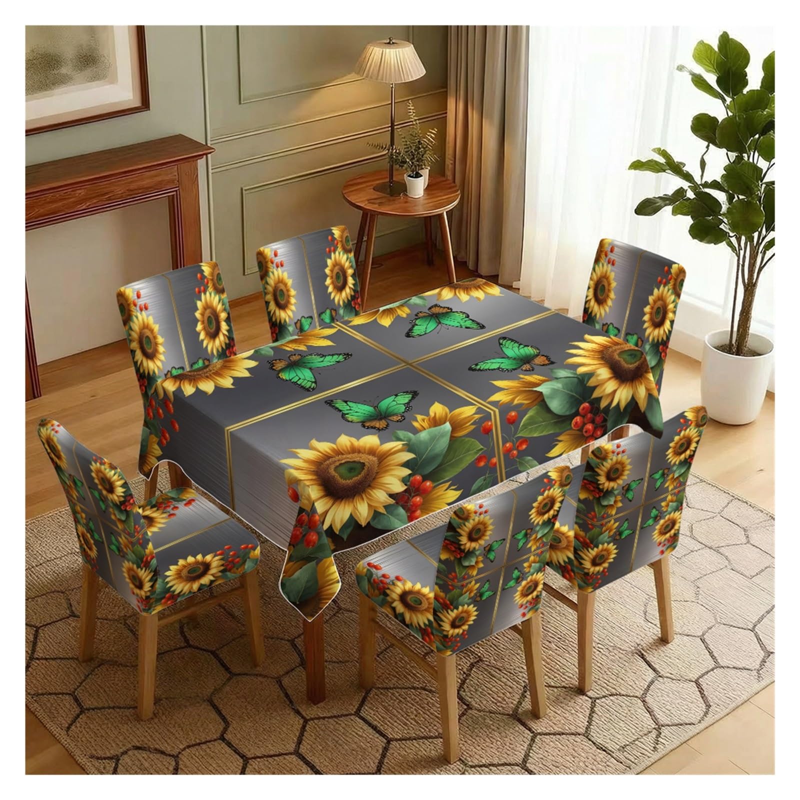 KXUAUV Sunflower & Butterfly Print Stretch Dining Chair Covers & Tablecloth Set, 5/7 Pack Party Decor(7pcs Set: Tablecloth+Chair Covers)