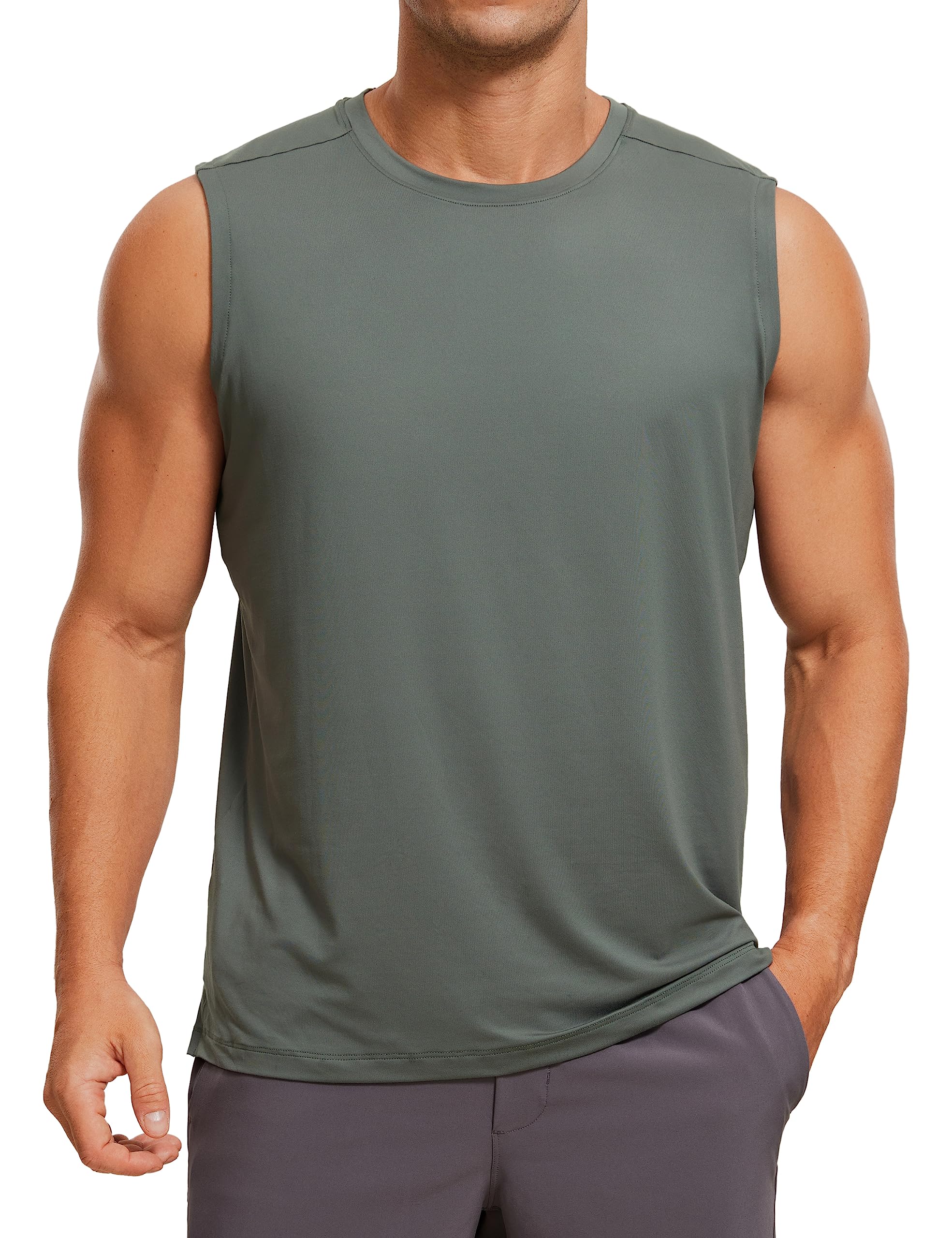 CRZ YOGA Men's Workout Tank Tops Stretchy Quick Dry Sleeveless Running Shirts Athletic Gym Tops Grey Sage XXL