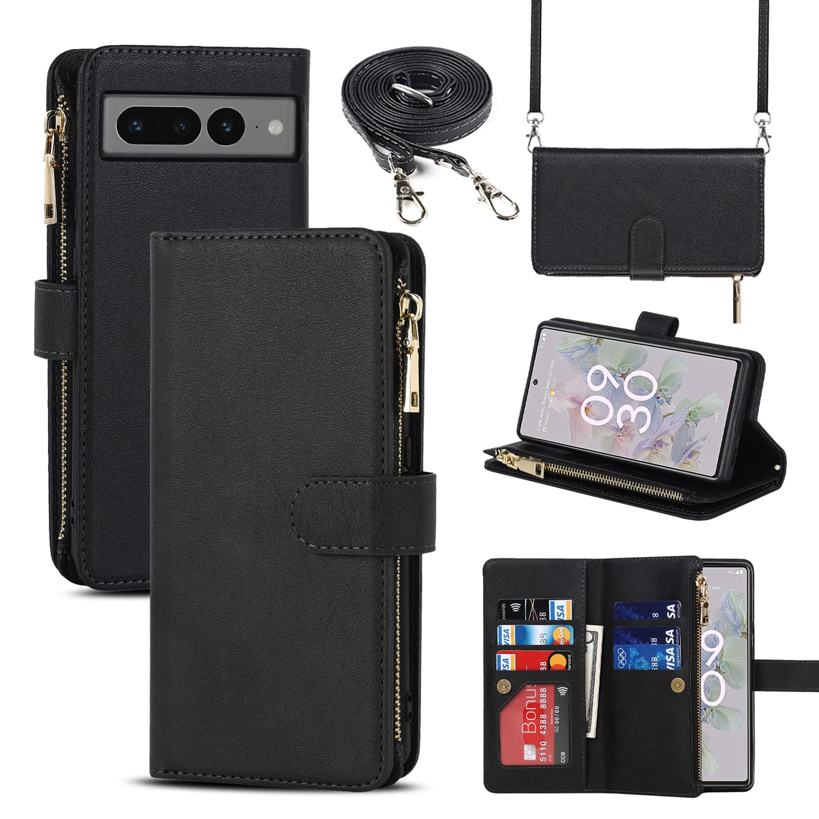 Jaorty Fit for Google Pixel 7 Pro Phone Case Wallet for Women Men with Crossbody Strap Lanyard,Pixel 7 Pro Wallet Case with Card Holer,Zipper Pocket PU Leather Phone Case for Pixel 7 Pro, 6.7