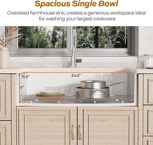 Miniatura 2 de Fregadero de arcilla refractaria de 36 pulgadas, fregadero de cocina de un solo tazón frontal con delantal de granja, fregadero de montaje inferior