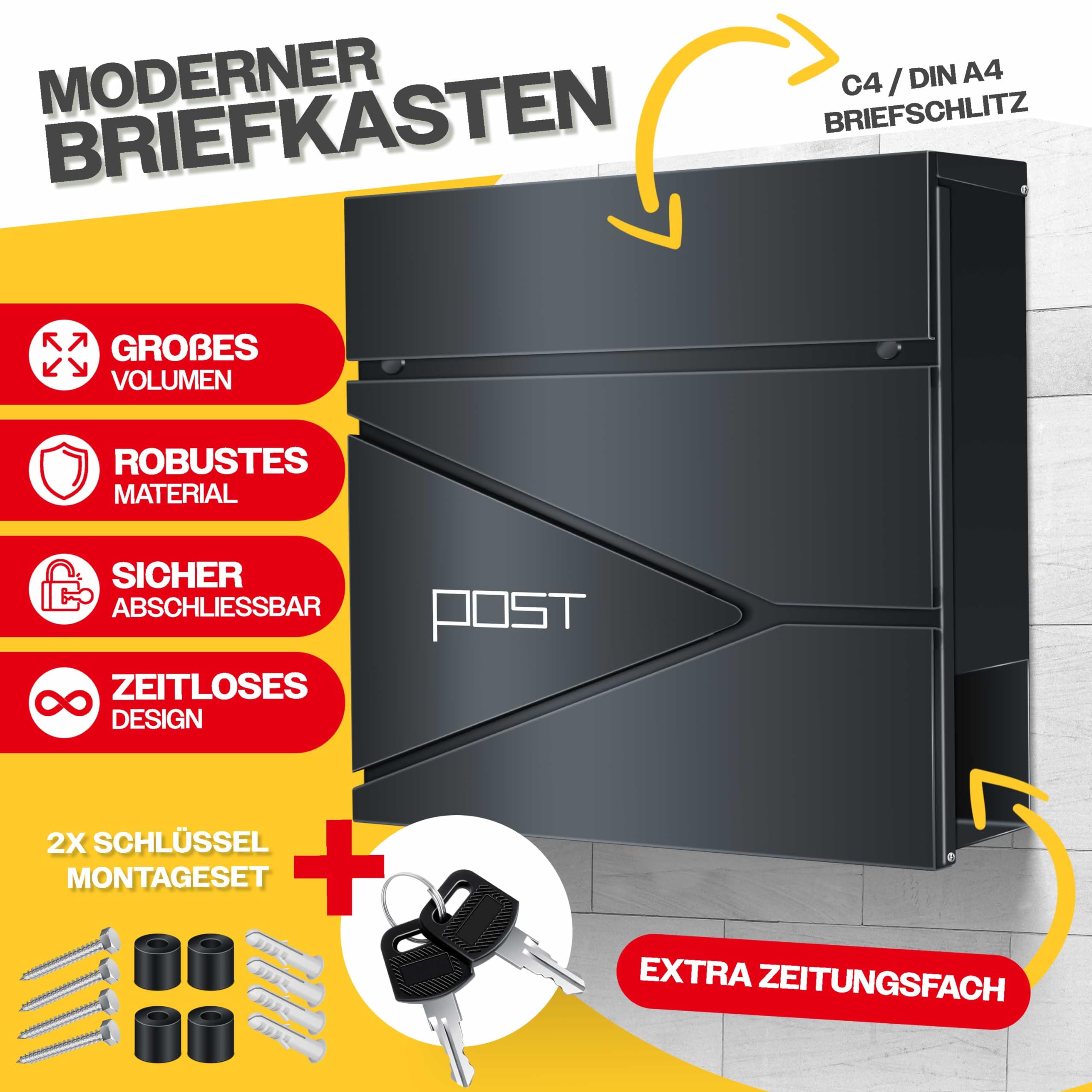 KESSER® Boîte aux Lettres Murale en Acier Inoxydable avec Compartiment à journaux, 2 clés verrouillables, boîte aux Lettres Moderne avec matériel de Montage, Couvercle Softclose, Anthracite argenté