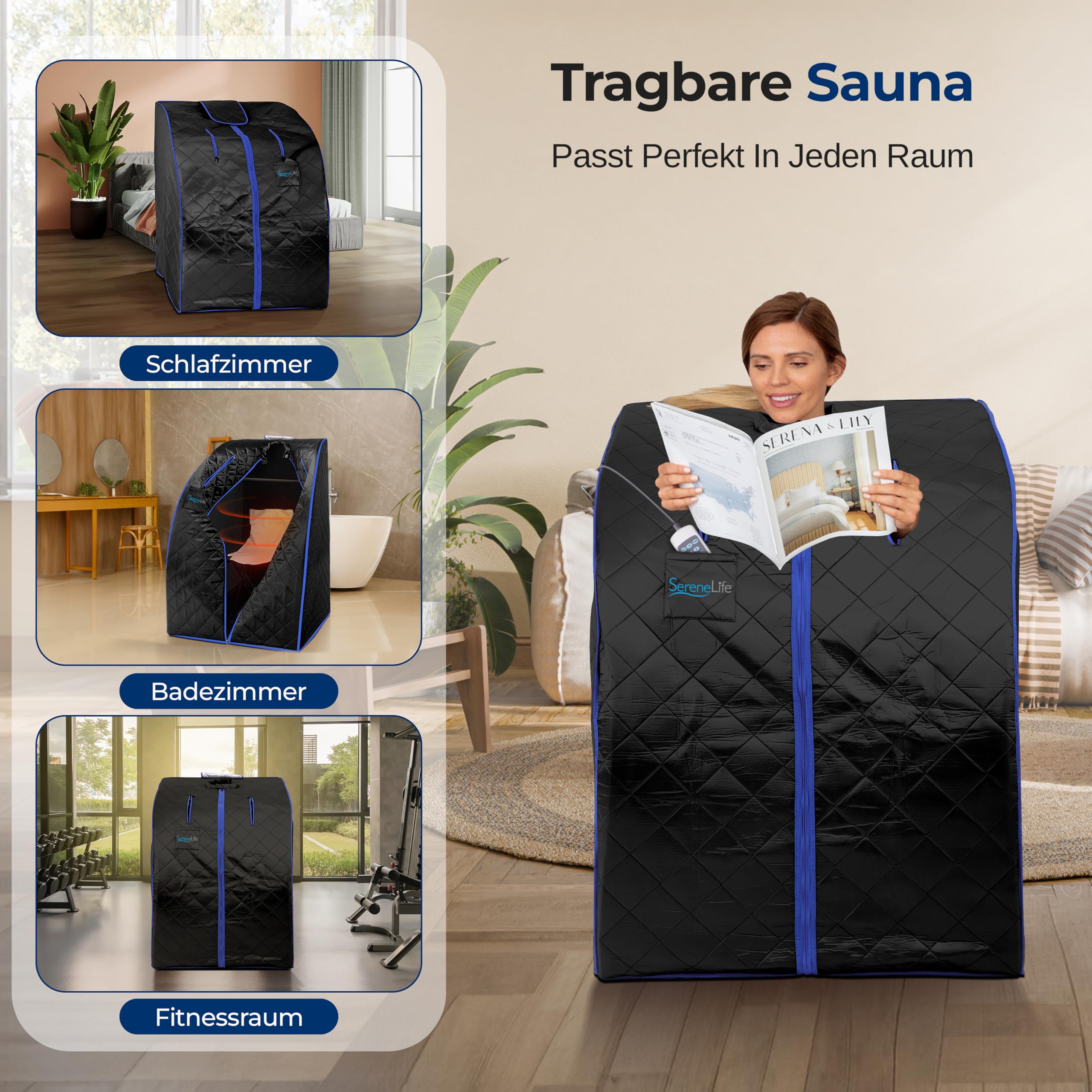 SereneLife Dampfsauna Zelt Schwarz 70 x 80 x 98 cm – Tragbare Heimsauna mit Stuhl und Heizmatte Faltbare Mini Sauna - Mobile Dampfbad Kabine bis 60 °C, Carbon-Heizelement und Fernbedienung