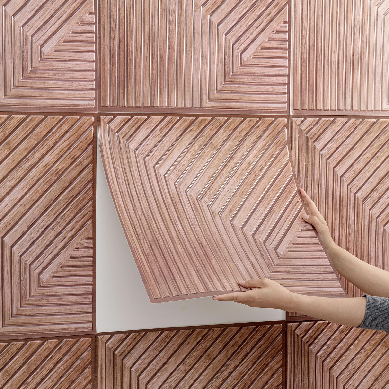 Lot de 10 Panneaux Muraux 3D, Autocollants, Aspect Bois, pour Décoration Murale Intérieure, Panneaux Acoustiques 3D, 30 x 30 cm (Marron)