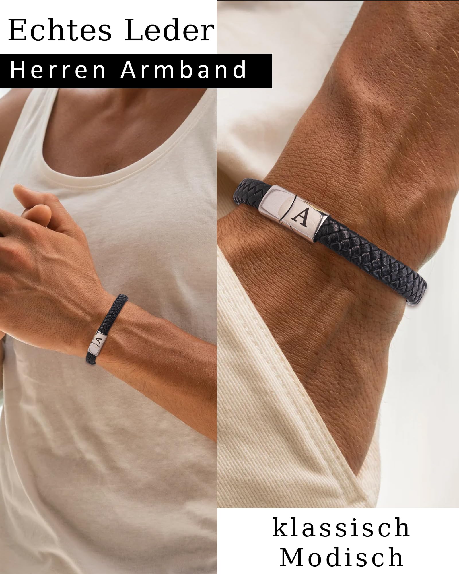 Lederarmband Herren Armband mit Buchstaben Gravur A-Z Buchstabe Armband Männer Schwarz Geflochten Leder Armbänder mit Magnetverschluss Vatertag Abitur Geburtstag Geschenke für Männer
