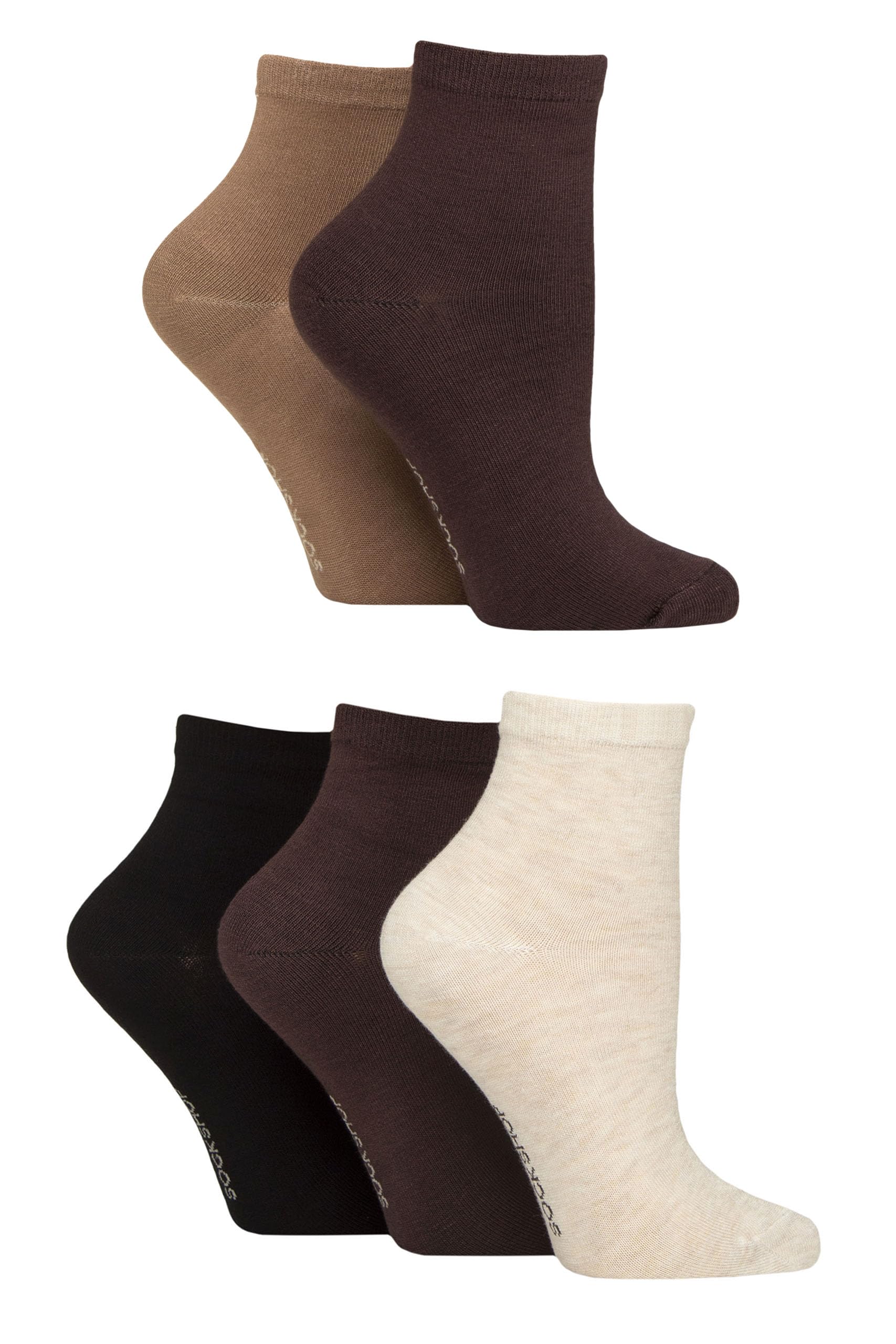 SockShop Women's Bamboo Ankle Socks - Ankle High, Anklet, Soft, Cooling, Breathable, Plain and Patterned, 5 Pair Multipack Size 4-8 Plain Cocoa