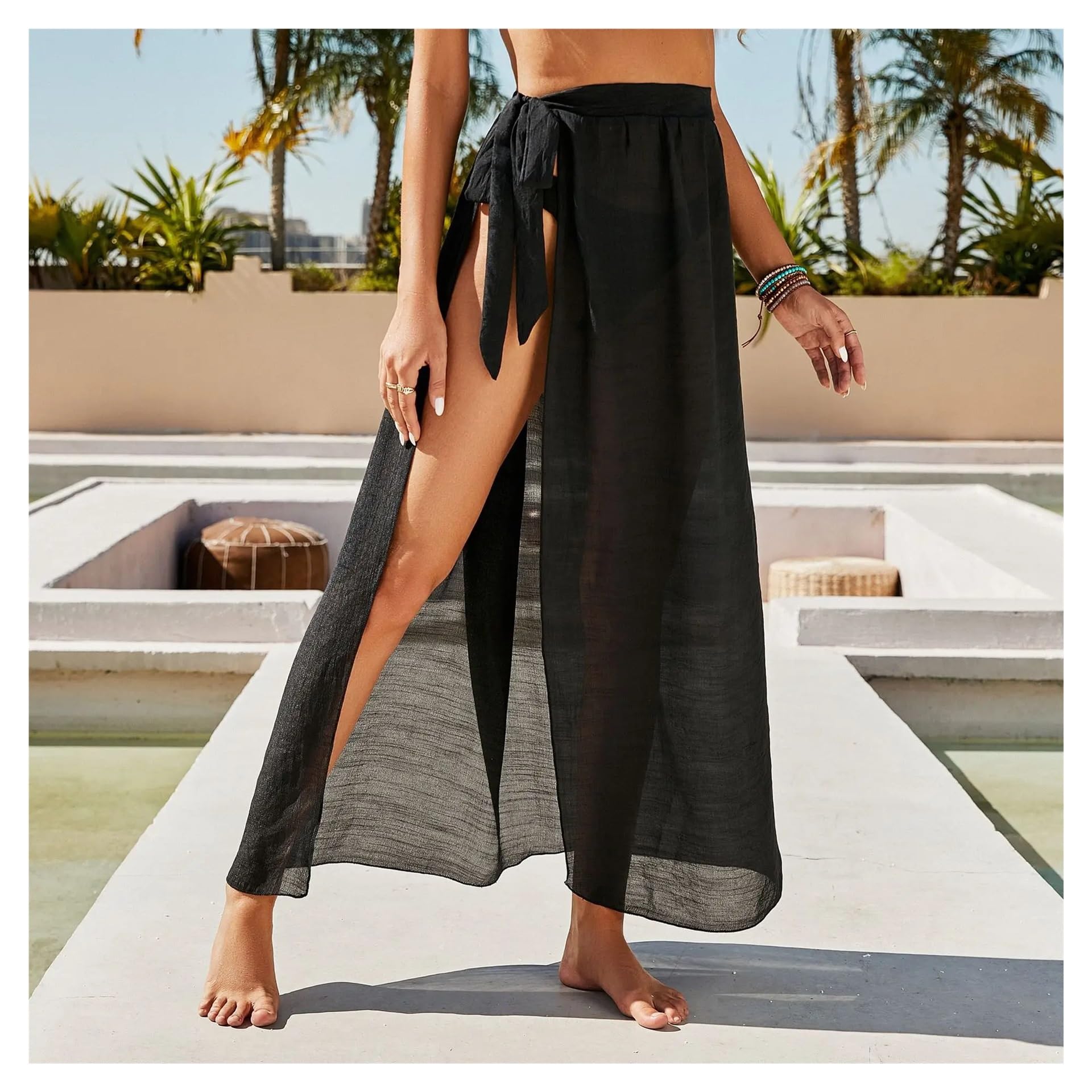 Vestidos de Playa, Playa Sarong Traje de baño Encubrimiento Mujeres Largo Corto Bikini Wrap Sheer Falda Bufanda Multicolor(Print-Long)