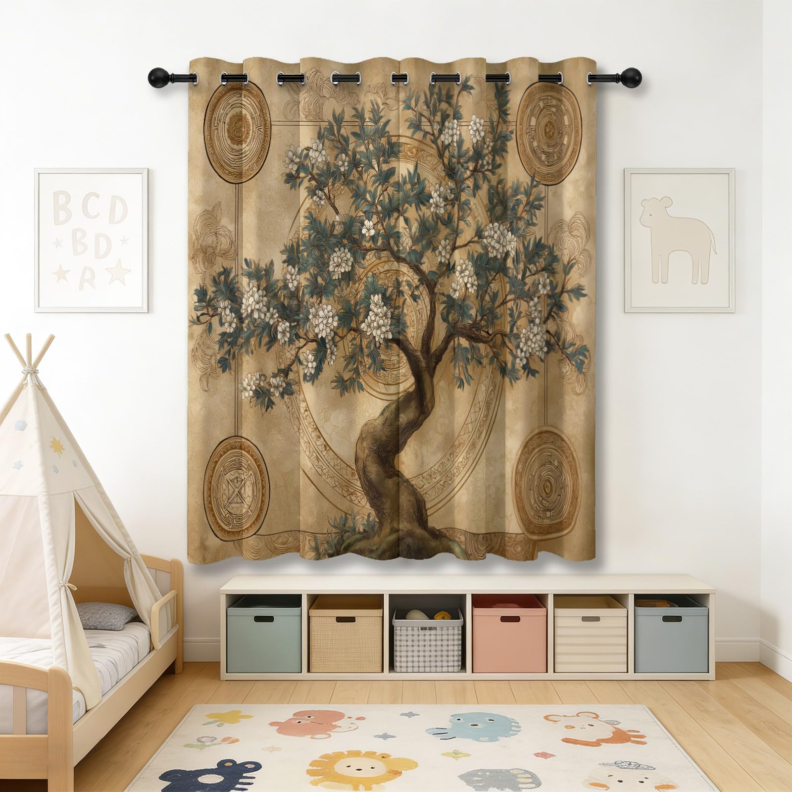 Verdunklungsvorhänge Braunes Vorhänge Blickdicht H 220 x B 140 cm, Gardinen Ösen Vorhänge Wohnzimmer Schlafzimmer, Japanischer Stil Tuschemalerei Bäume Blumen Fenster Verdunkelung Thermovorhang