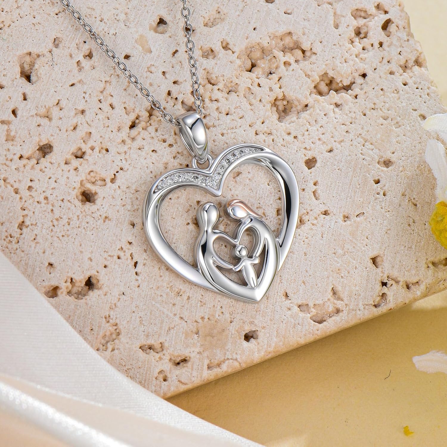 Diamond Family Necklace for Women 925 Sterling Silver Family Heart Pendant Necklace New Mom Jewelry Mother's Day Christmas Gift for Mother Wife - Image 2
