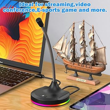 USB Computer Microphone with Mute Button and RGB Lighting,Plug&Play Mic for Conference,Gaming,YouTube,Desktop PC Mic for Mac/Window-Black-Black(M7)