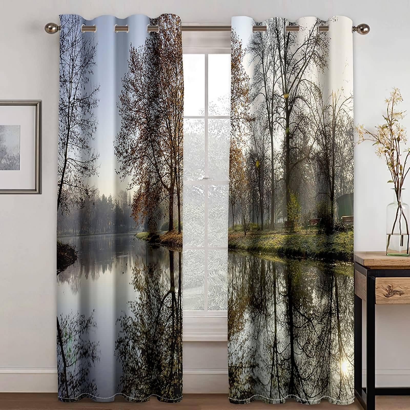 Schlafzimmer Vorhänge Blickdicht, 234x274cm Graubraun See- und Baumlandschaften Vorhang für Schlafzimmer-Fenstervorhänge