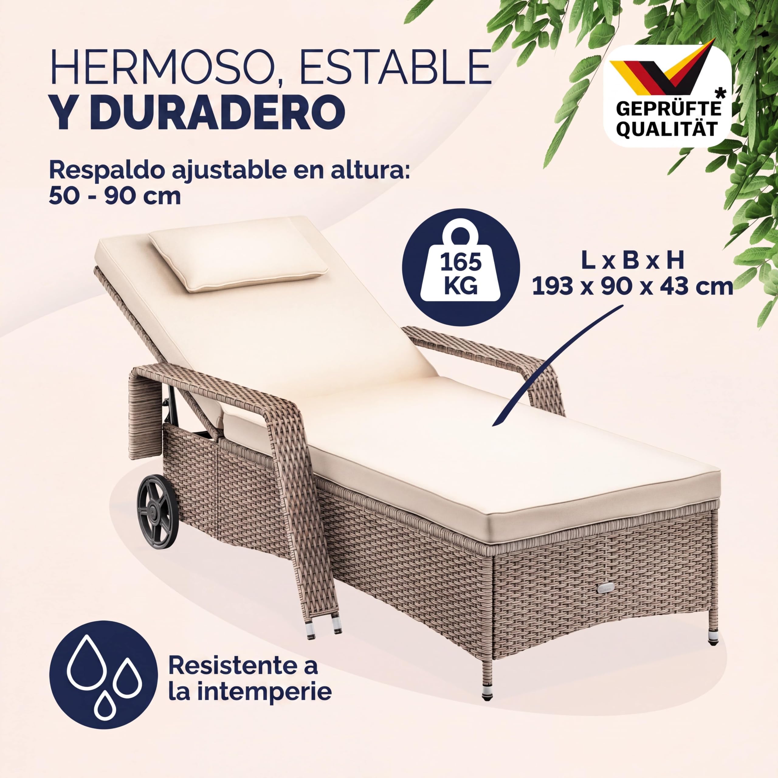 CASARIA® Tumbona Jardín Poliratán hasta 160kg 193x90cm Respaldo Regulable Acolchado 7cm Cojín 2 Ruedas Crema | Tumbona de jardín, resistente a la intemperie, soporta 165 kg, terraza, balcón, tumbona reclinable, polirratán