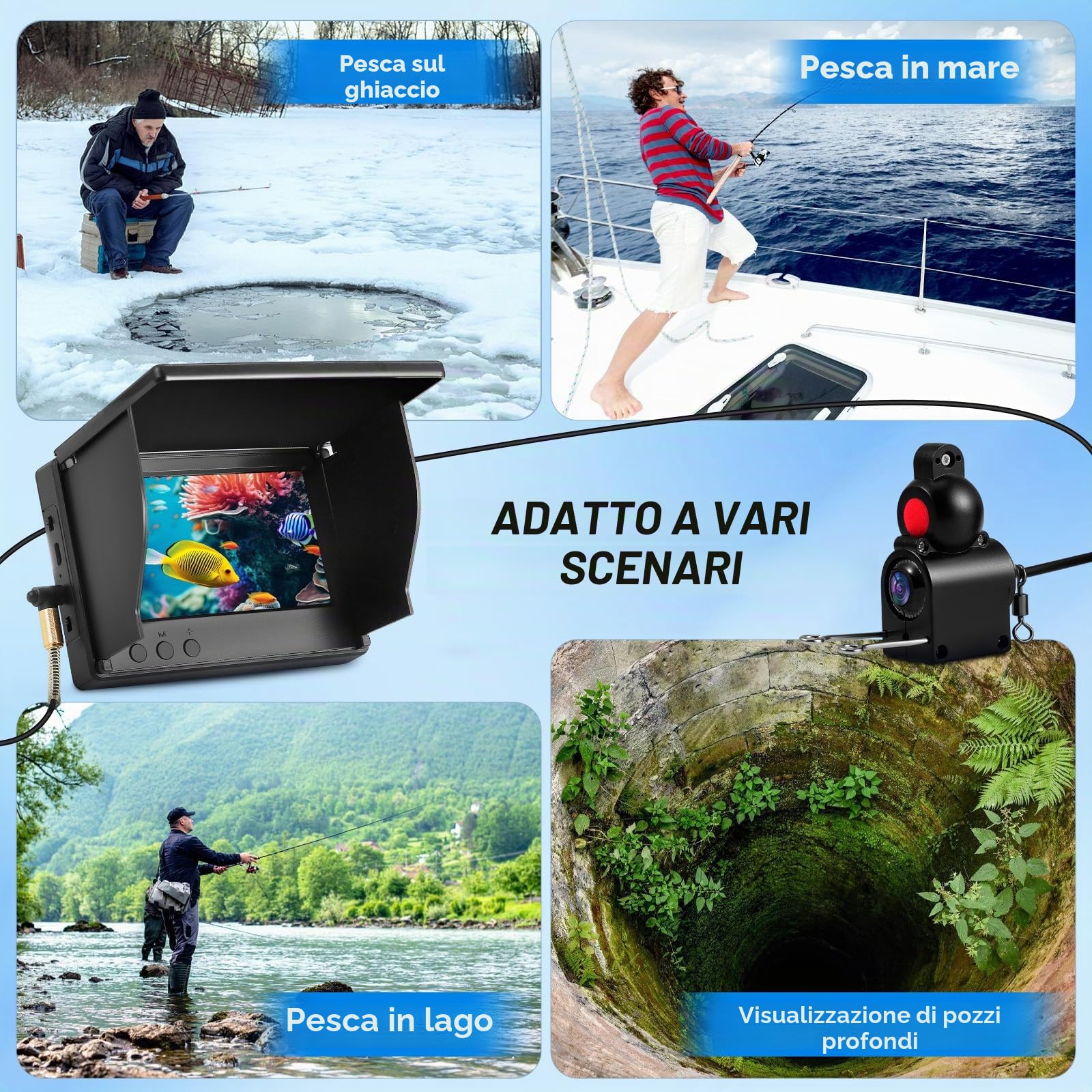 Rilevatore di pesca, fotocamera subacquea, sensore di pesca, display HD da 4,3 pollici, visione notturna, batteria al litio da 5000 mAh, fotocamera HD, impermeabile IP65, diverse lingue