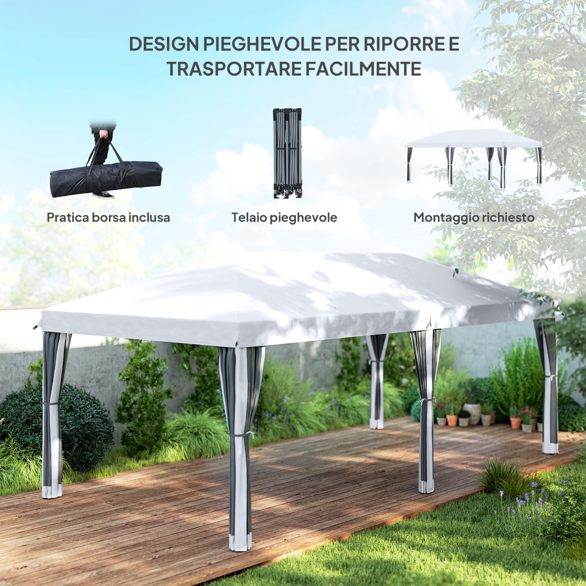 Outsunny Gazebo Pieghevole 6x3 m Pop Up con Zanzariera Anti UV Crema | Borsa da Trasporto, Gazebo da Esterno Resistente, Acciaio, Tessuto Oxford, Giardino, Feste, Campeggio