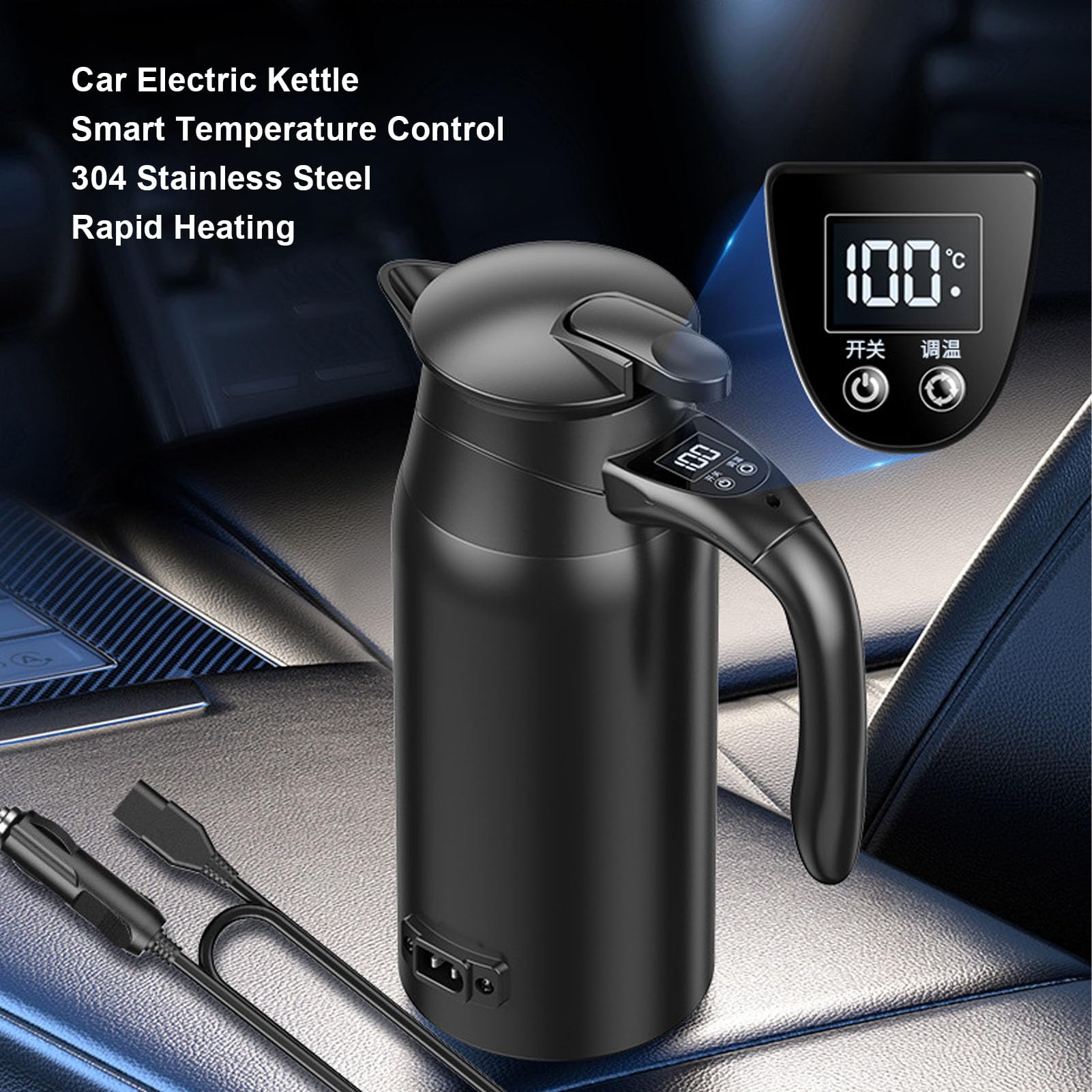 Hervidor Eléctrico para Automóvil Hervidor Eléctrico Portátil, Caldera de Agua Caliente con Pantalla Digital de Doble Capa de Acero Inoxidable 304 de 800 Ml para Viajes en
