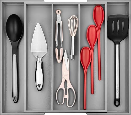 Organizador de cubiertos de bambú de alta calidad, organizador de cajones de cocina expandible y organizador de utensilios, bandeja de cubiertos de