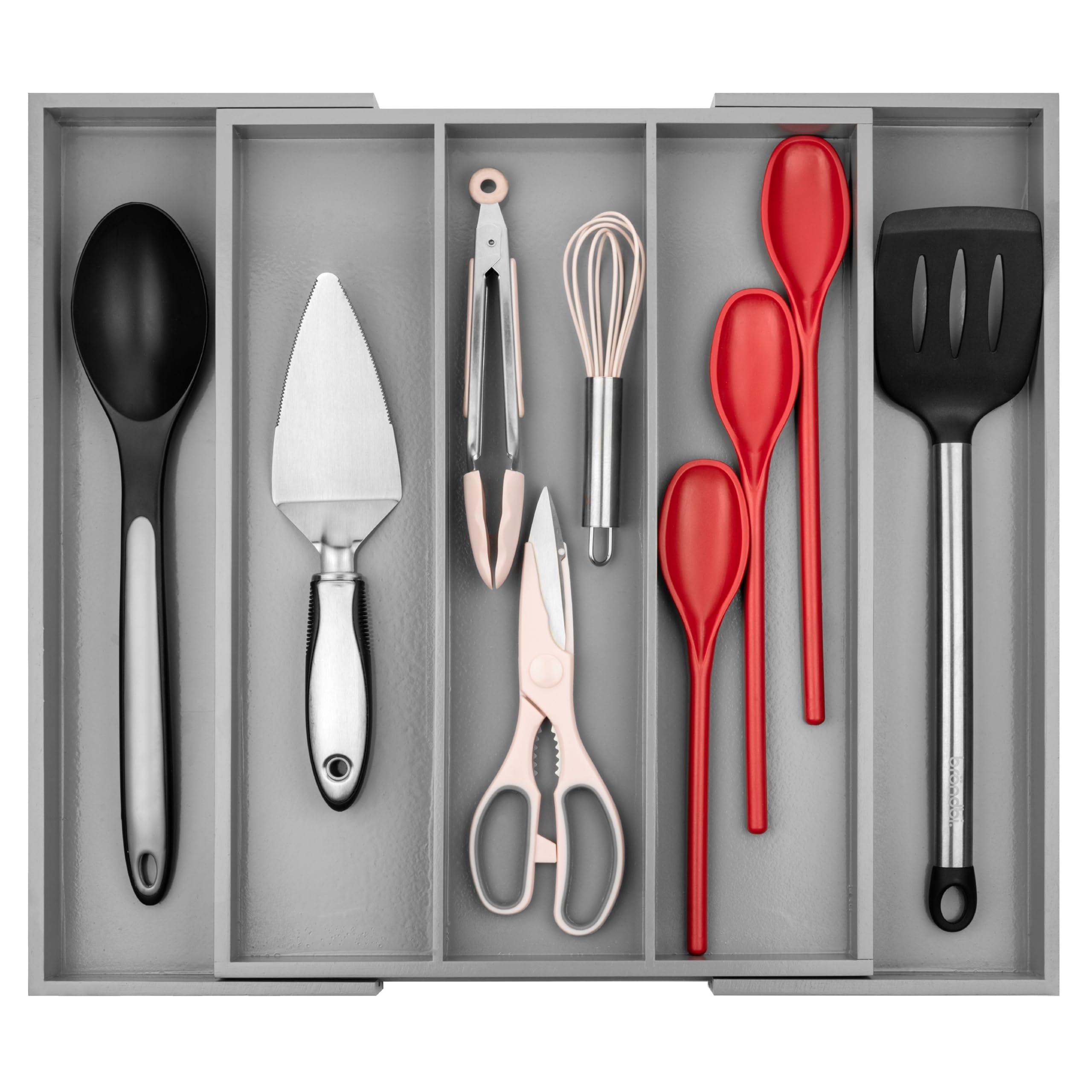Purawood Kitchen Drawer Organizer - Expandable Utensil Drawer Organizer for Kitchen, Cutlery Tray & Silverware Organizer, 3-5 Slots - Bamboo Organizer for Utensils & Flatware (Grey)