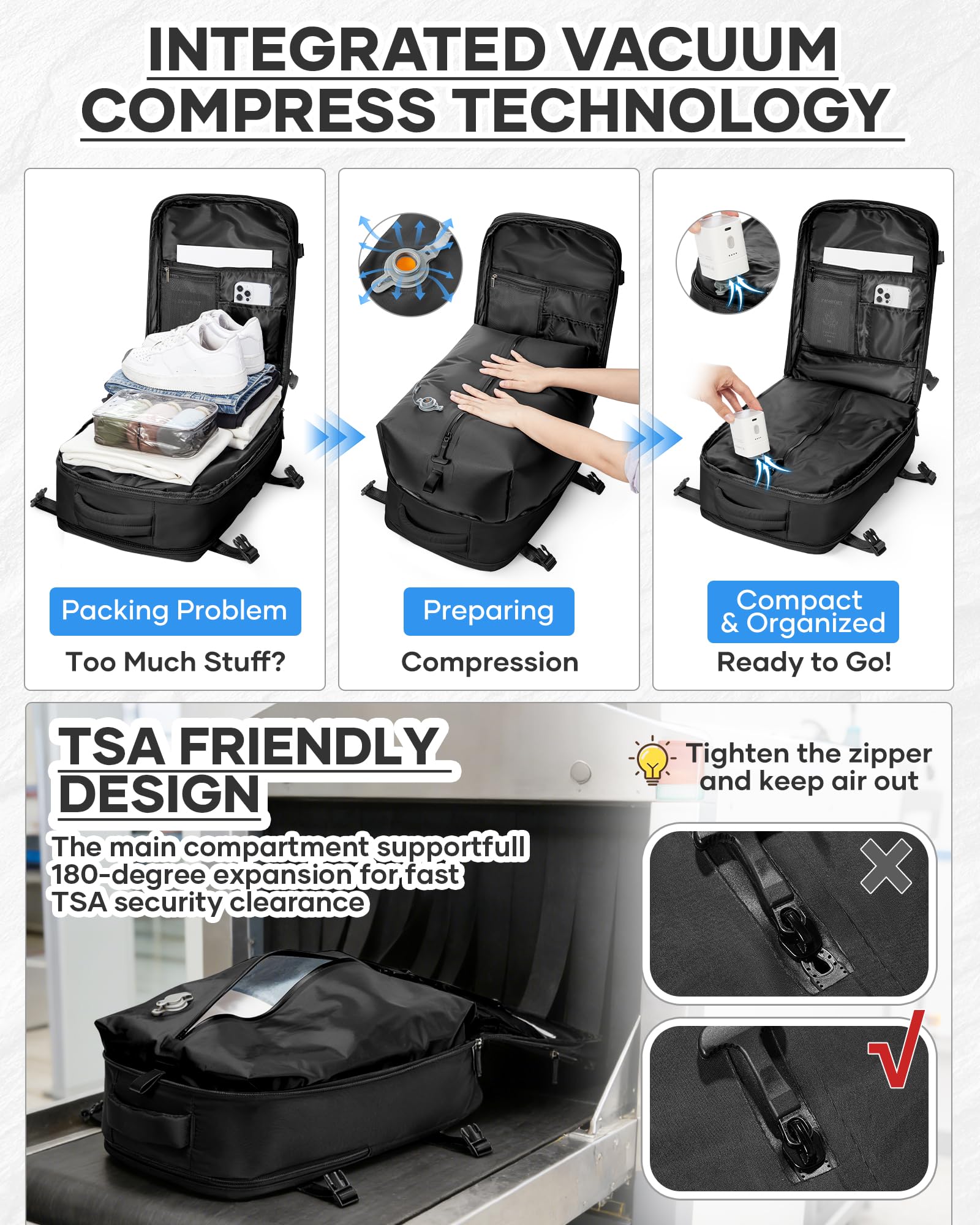 HPLQQ Zaino Sottovuoto da Viaggio con Pompa Borsa da Cabina per Easyjet Aereo Bagaglio a Mano Impermeabile Lavoro e Scuola Trekking Casual Daypack per 14" laptop,F01-Nero