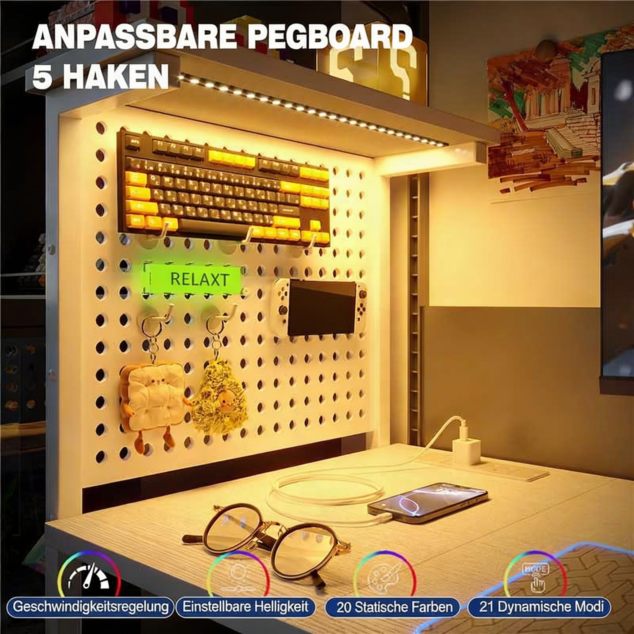 Stół gamingowy 120x50cm z ścianą perforowaną, gniazdkiem elektrycznym, małe biurko komputerowe z odwracalnymi półkami dla biurka narożnego w domowym biurze, biały