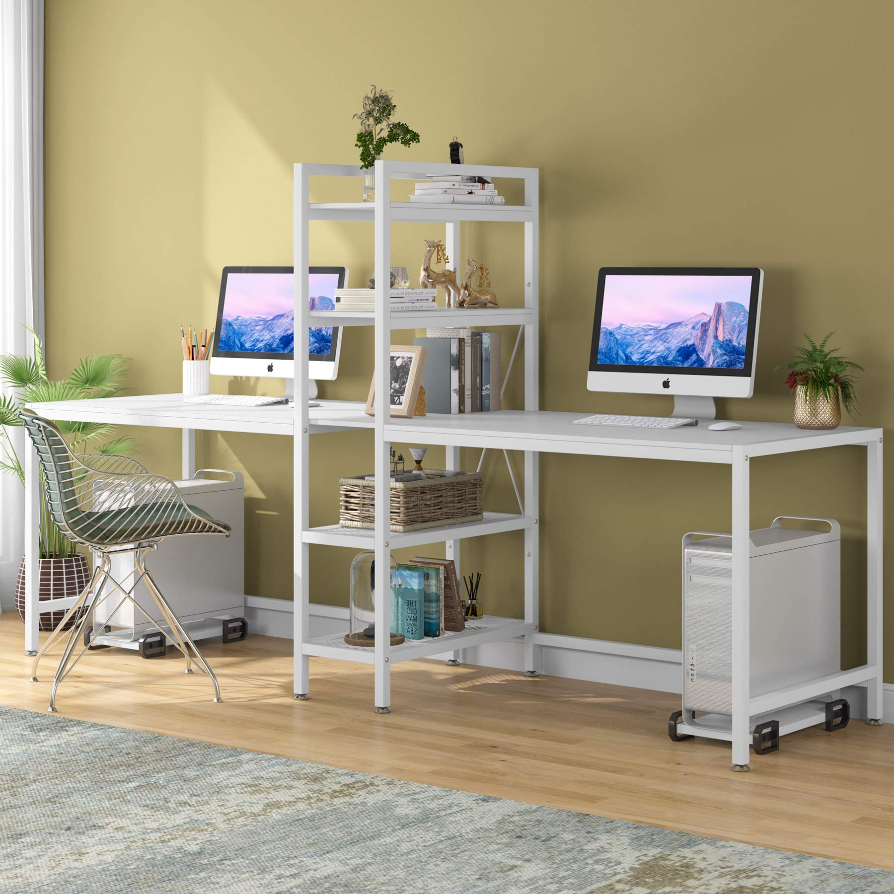 Buy Tribesigns Two Person Computer Desk with Bookshelf, 89 Inches