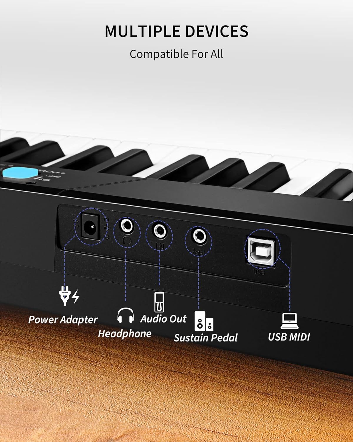 Close-up view of the Starfavor 88 Key Keyboard's connectivity ports, including Power Adapter, Headphone, Audio Out, Sustain Pedal, and USB MIDI.