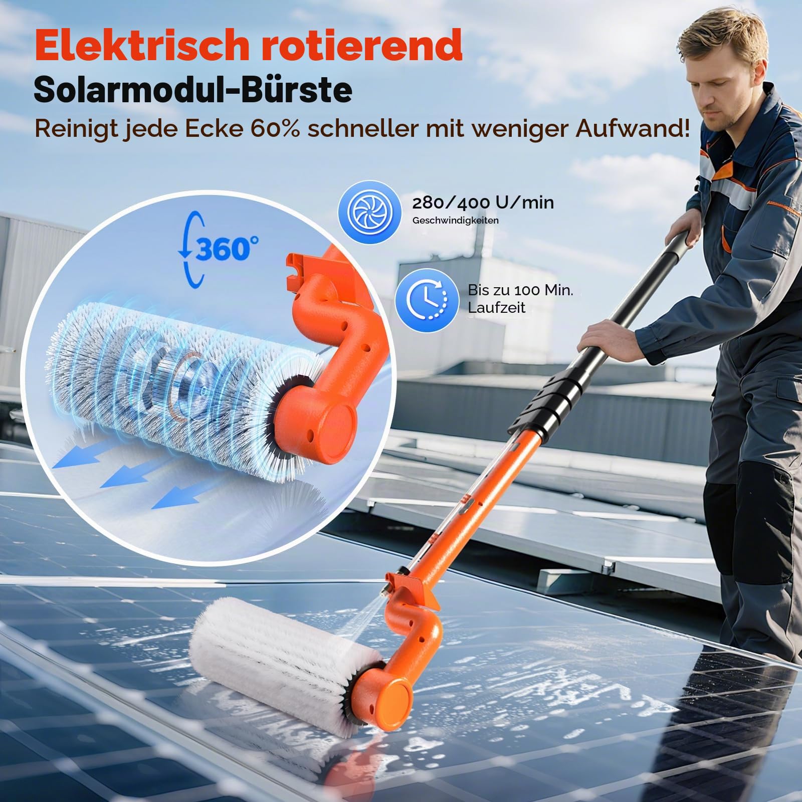 Elektrische Teleskop Waschbürste 6,5m Waschbürste mit Teleskopstiel Teleskopstange mit 11m Wasserrohr Fensterreinigung PV Reinigungsbürste Teleskop Set Wasserbesen für Terrassenüberdachung