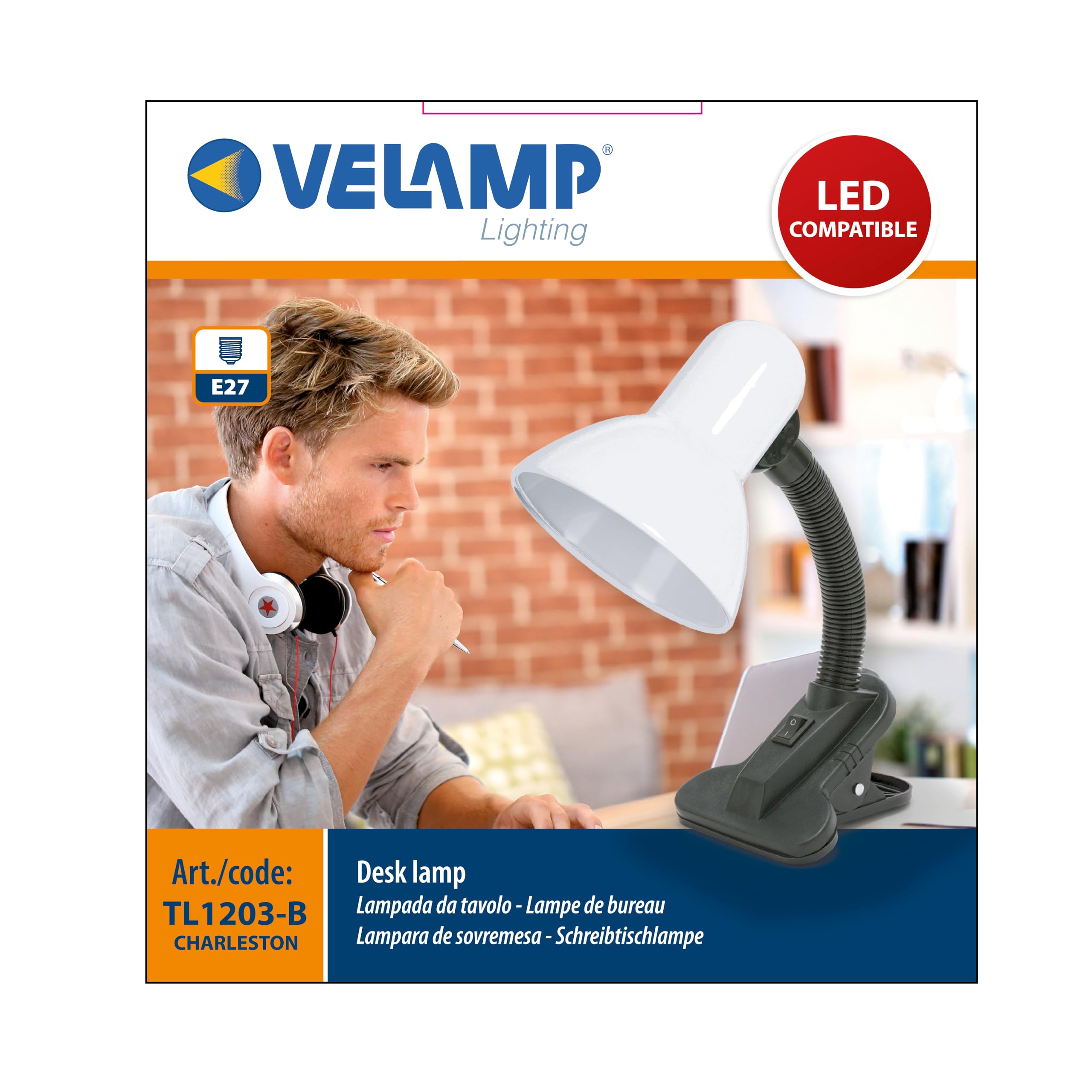 Velamp Lampa z klipsem, E27, kompatybilna z LED, elastyczne ramię, z kablem i przełącznikiem, do pokoju dziecięcego, biurka, metalu, 6 W, biała
