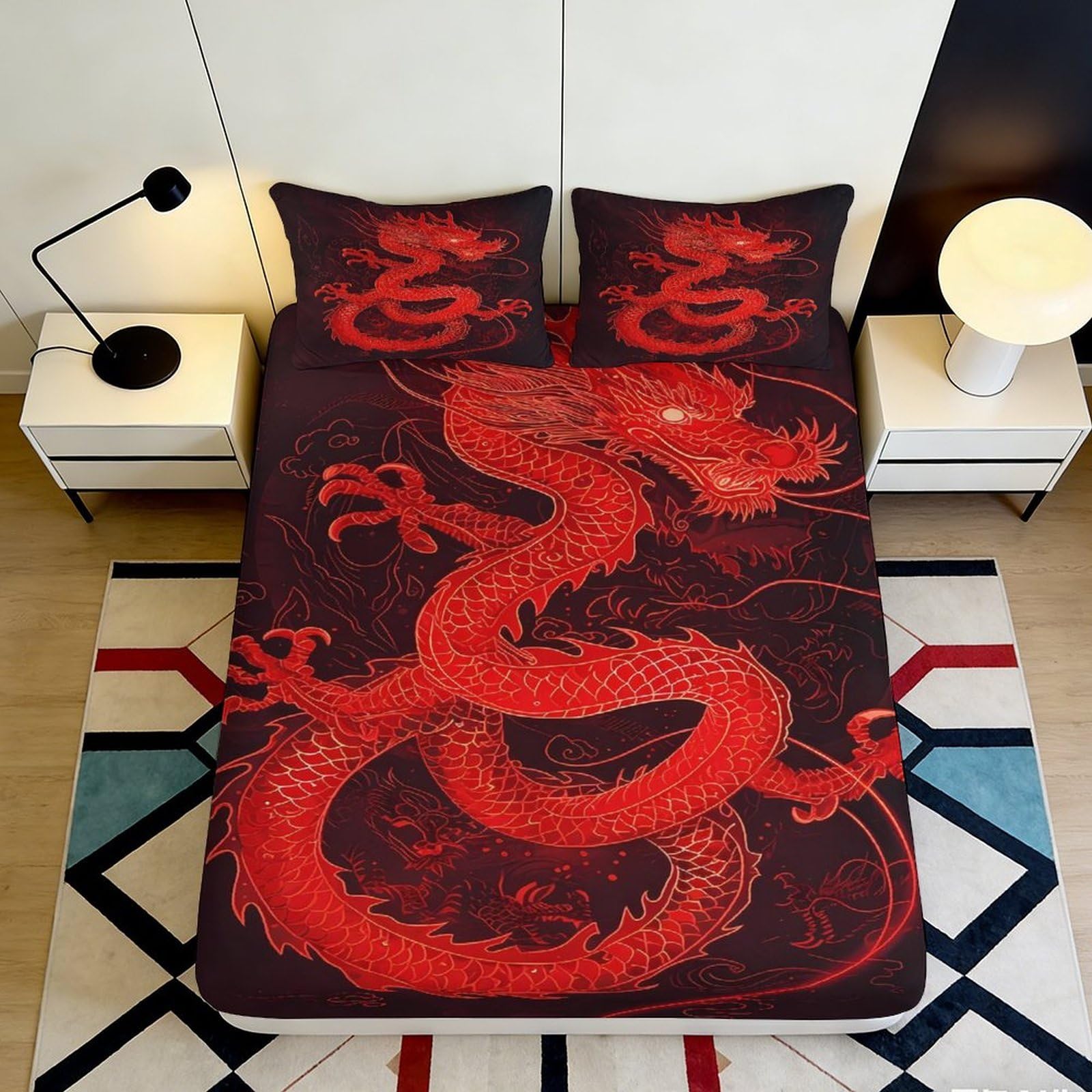 3D Printed Red Dragon Fitted Sheet Microfiber Soft Breathable Chinese Mythology Bed Cover for Bedroom Dormitory Guest Room Mattress Protection 90x200x25cm