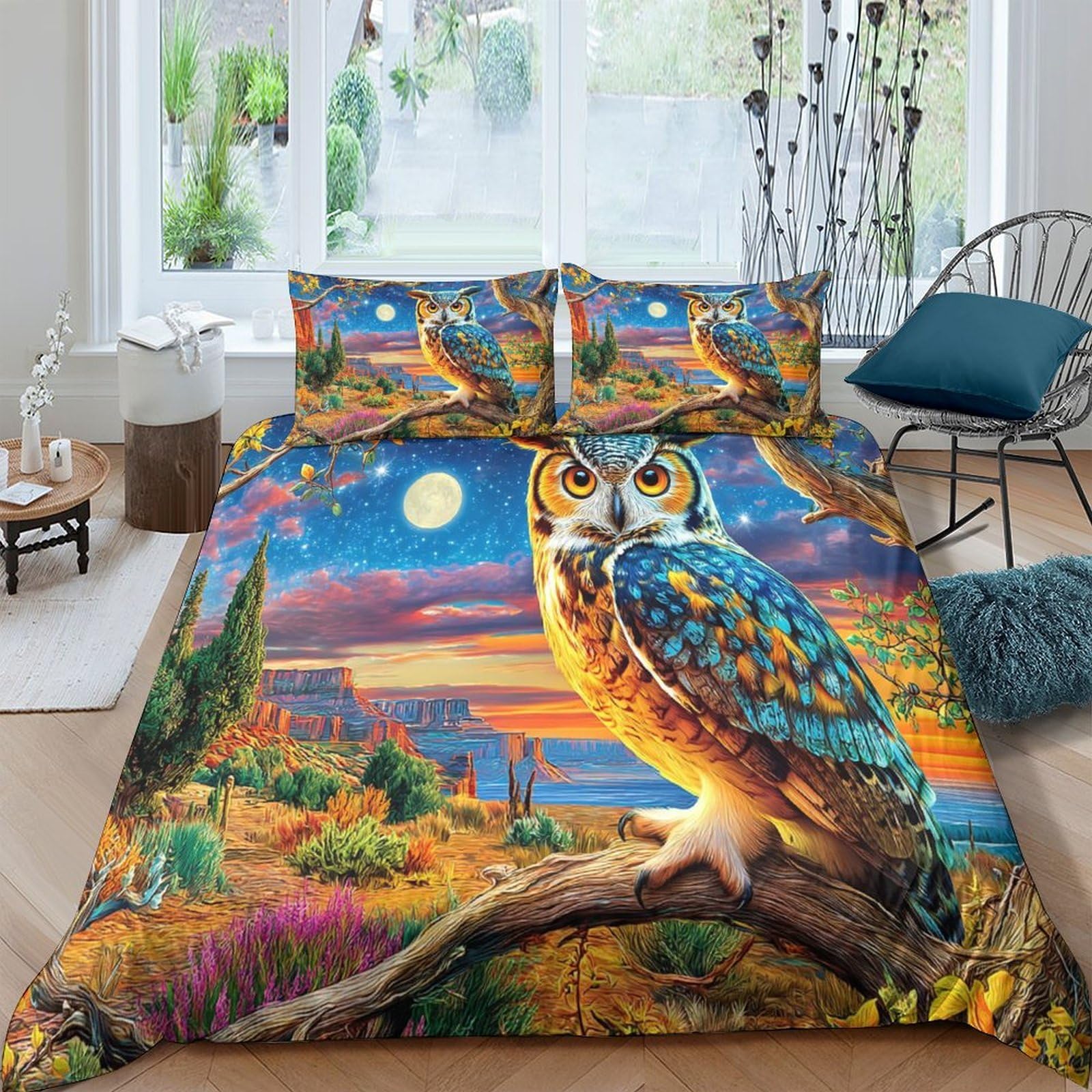 Housse de couette hibou 3 pièces parure de lit microfibre 260x220 cm avec zip
