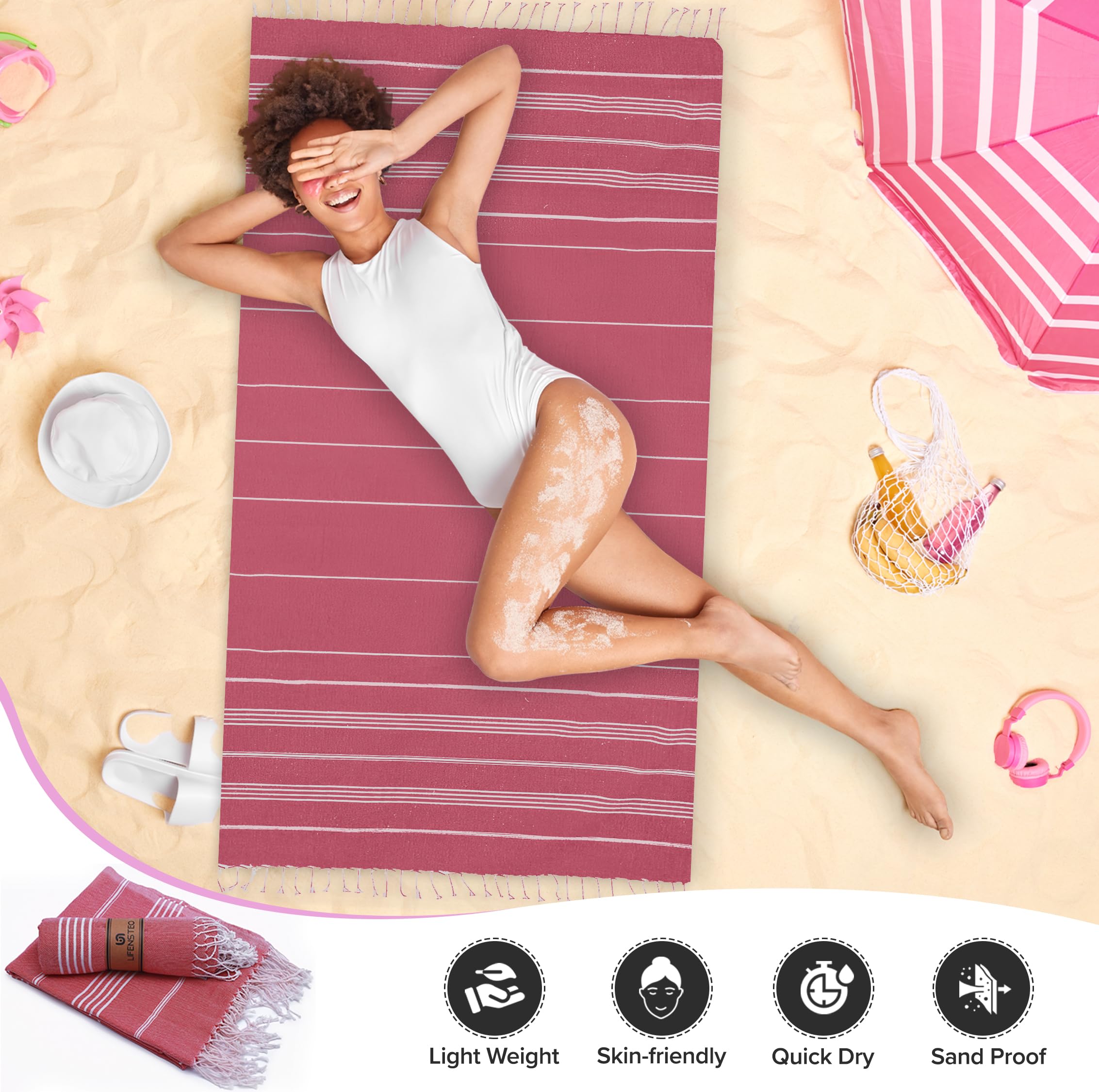 Turkish Beach Towel - Oversized 38x70 Inches, Sultan Design, Prewashed, Lightweight & Quick-Dry, Orchid Color - View #6