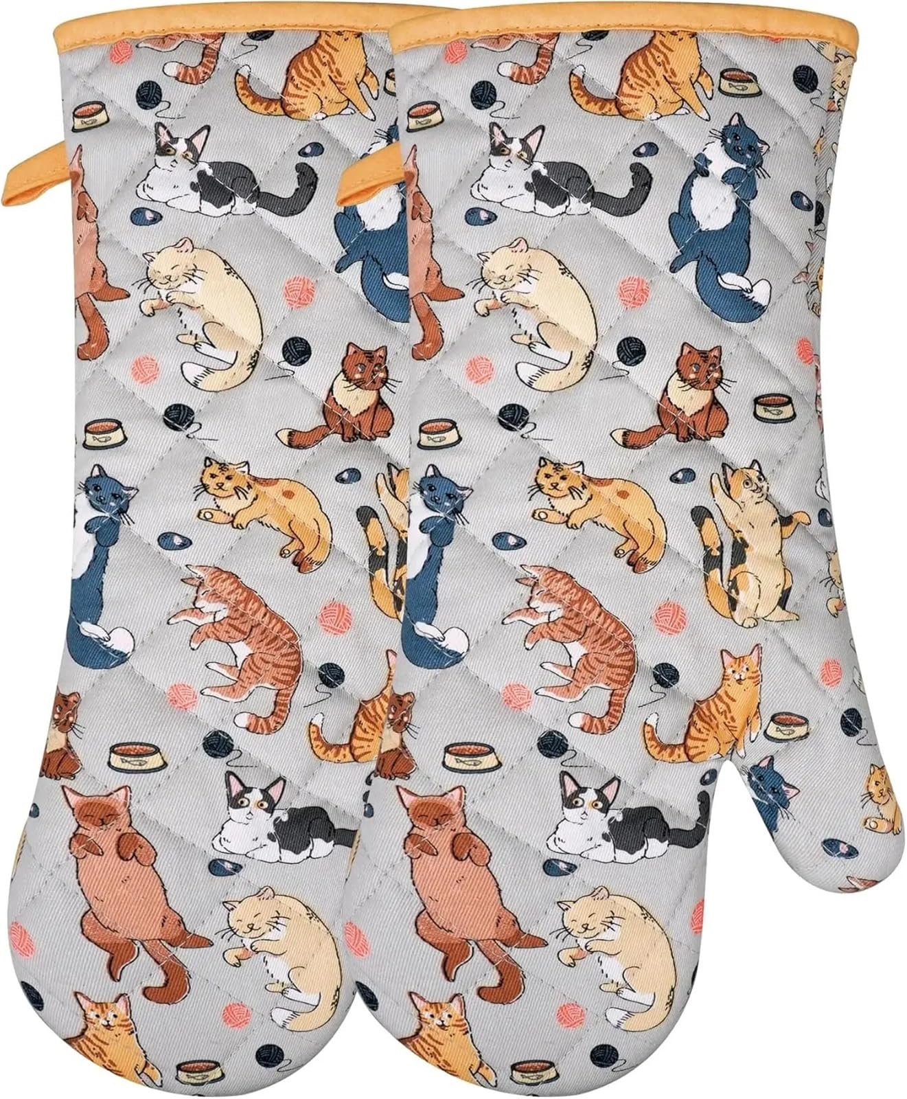 Cute Cat Design Oven Mitts, Heat & Machine Washable for Safe Cooking Baking Grilling