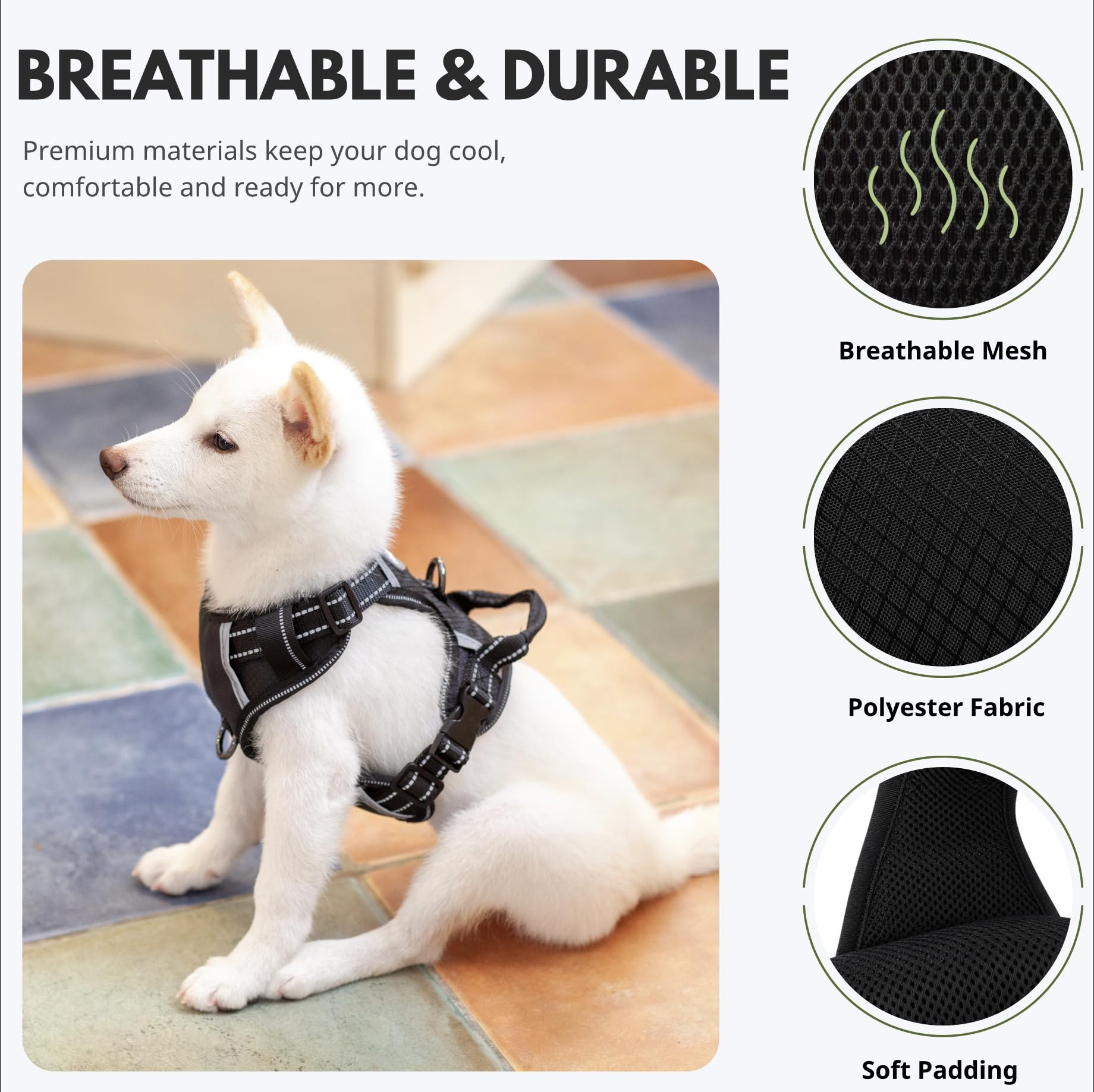 Arnés de Perro sin Tirar, Chaleco Reflectante para Mascotas con Mango y Clips de Correa Delantera y Trasera, fácil Control, Transpirable y Acolchado Suave para Perros medianos Negros, M