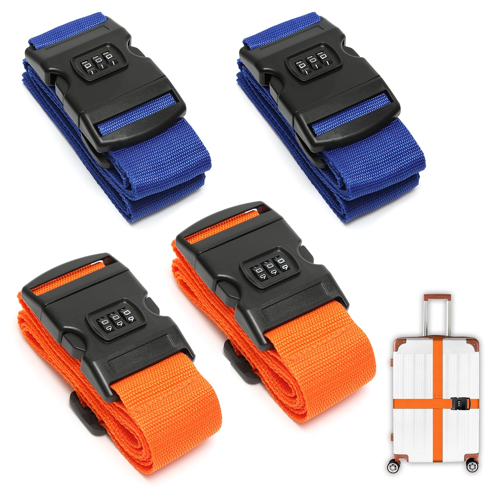 4Pcs Suitcase Straps with Lock, 2 Colours Heavy Duty Personalised Luggage Strap, Adjustable Luggage Straps for Suitcases, Travel Cases, Orange and Blue