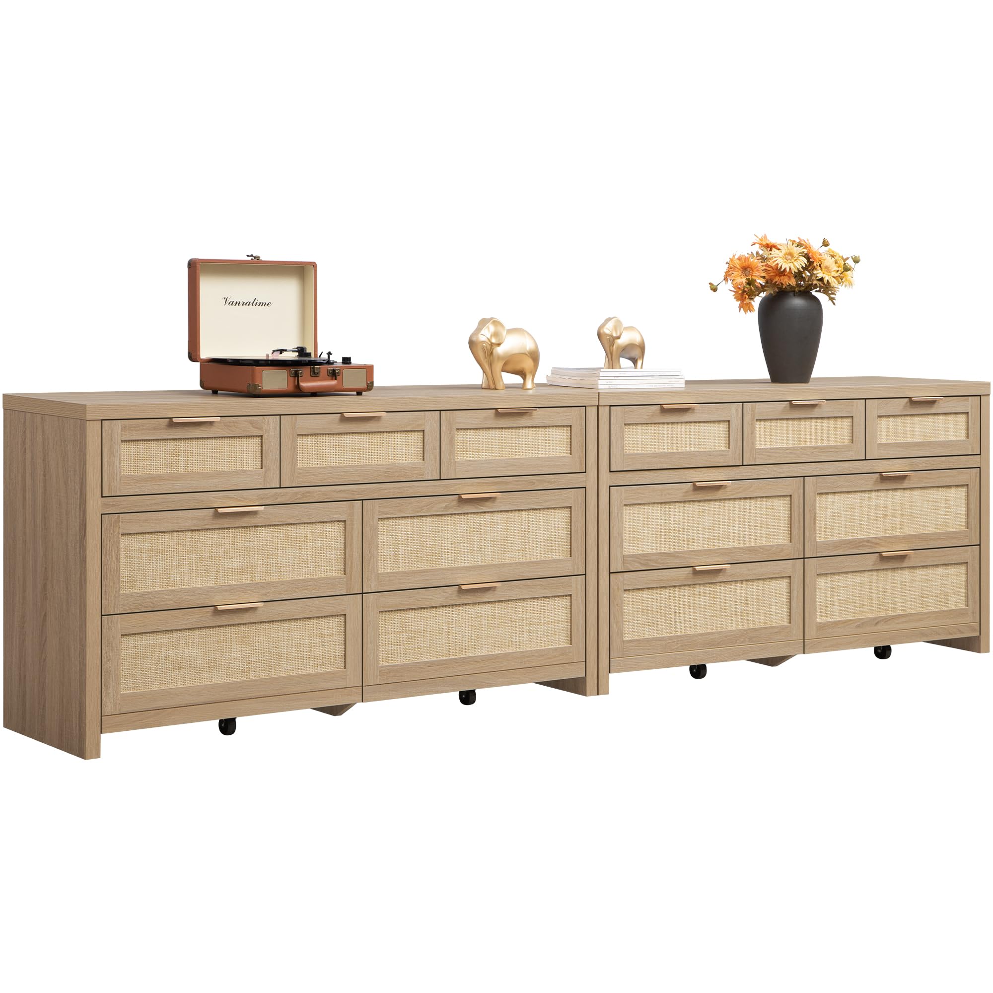SICOTAS 7 Drawer Dressers for Bedroom Set 2, Long Rattan Dresser