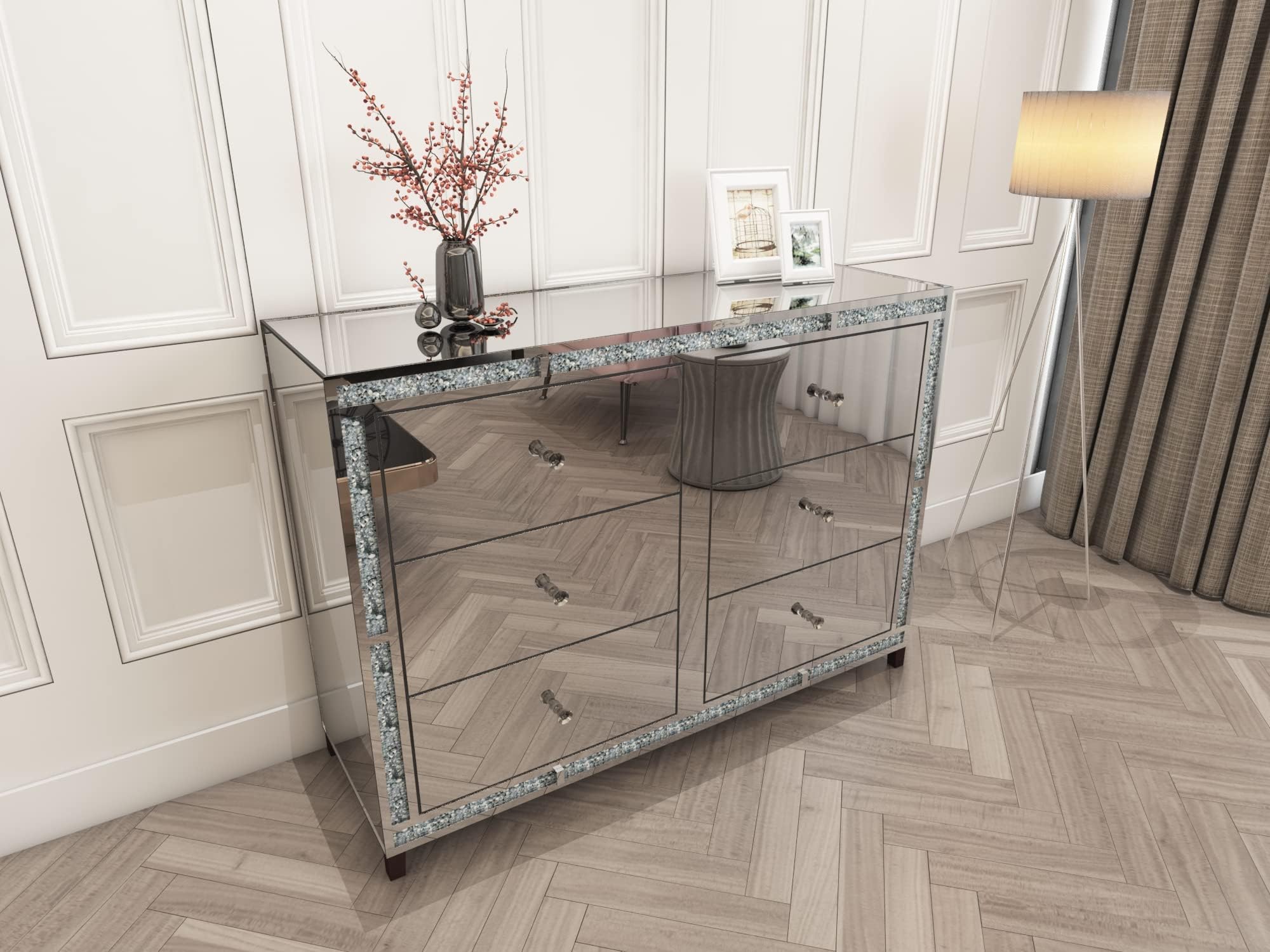 Abreo Diamond Crush 6 Drawer Sideboard Mirror Glass Sparkle Crystal Black Silver (Silver Diamond Crush 6 Drawer Sideboard)
