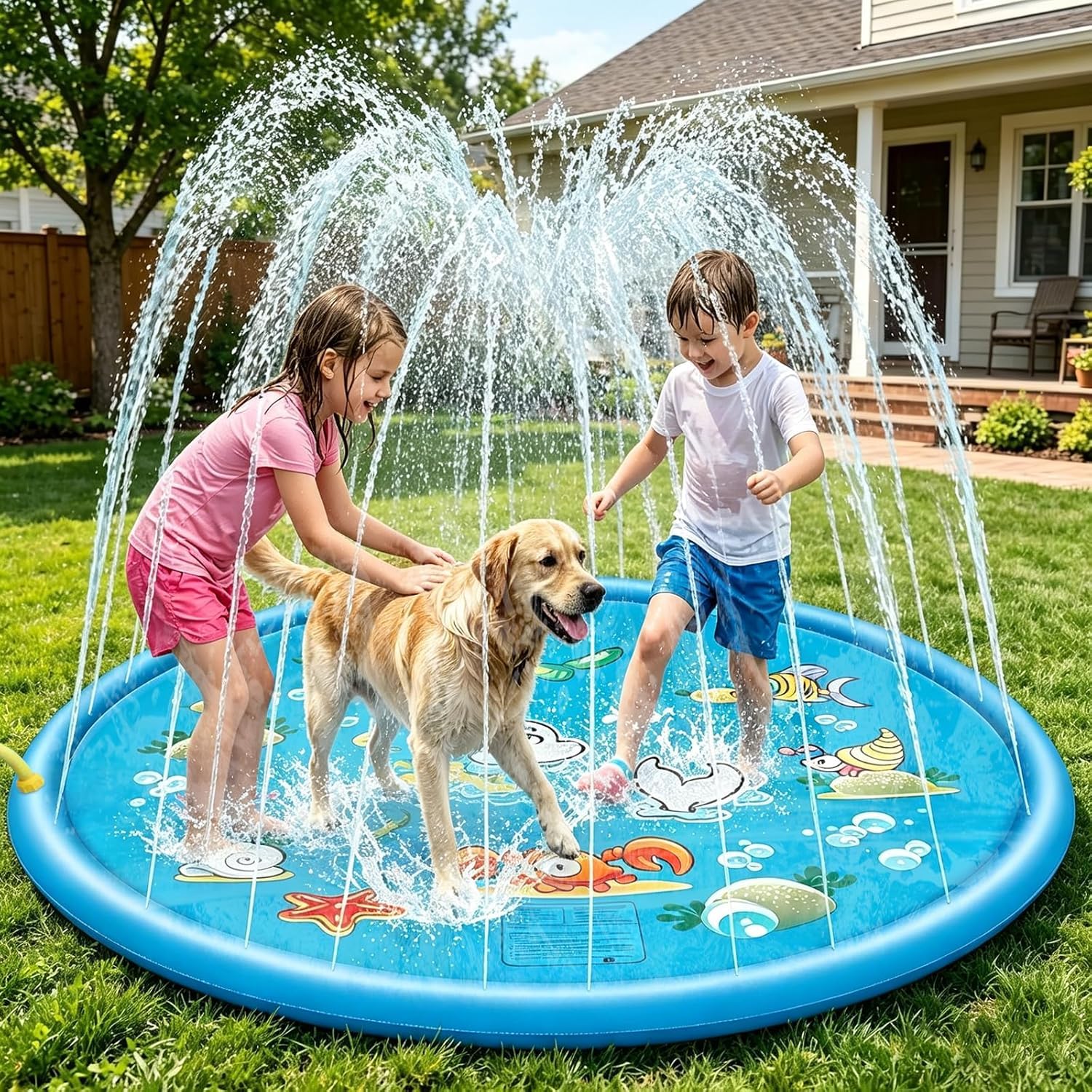 Splash pad Wasserspielzeug Kinder, 170CM Sprinkler Wasser Spielmatte für Draußen, Outdoor Garten, Hunde Pool Wassermatte für Sommer Sprinklerauflage Spielzeug für Kinder (Abgerundeter Rand)
