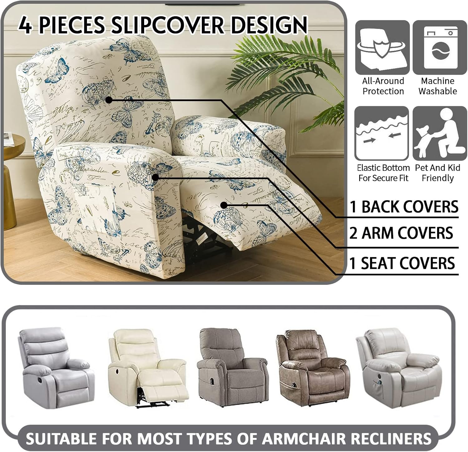 CRFATOP Printed Recliner Slipcover Stretch Reclining Chair Covers Non Slip 4 Pieces Recliner Sofa Slipcovers with Pocket Fitted Sofa Couch Cover Lazy Boy Chair Cover for Pet Kid Living Room,C16