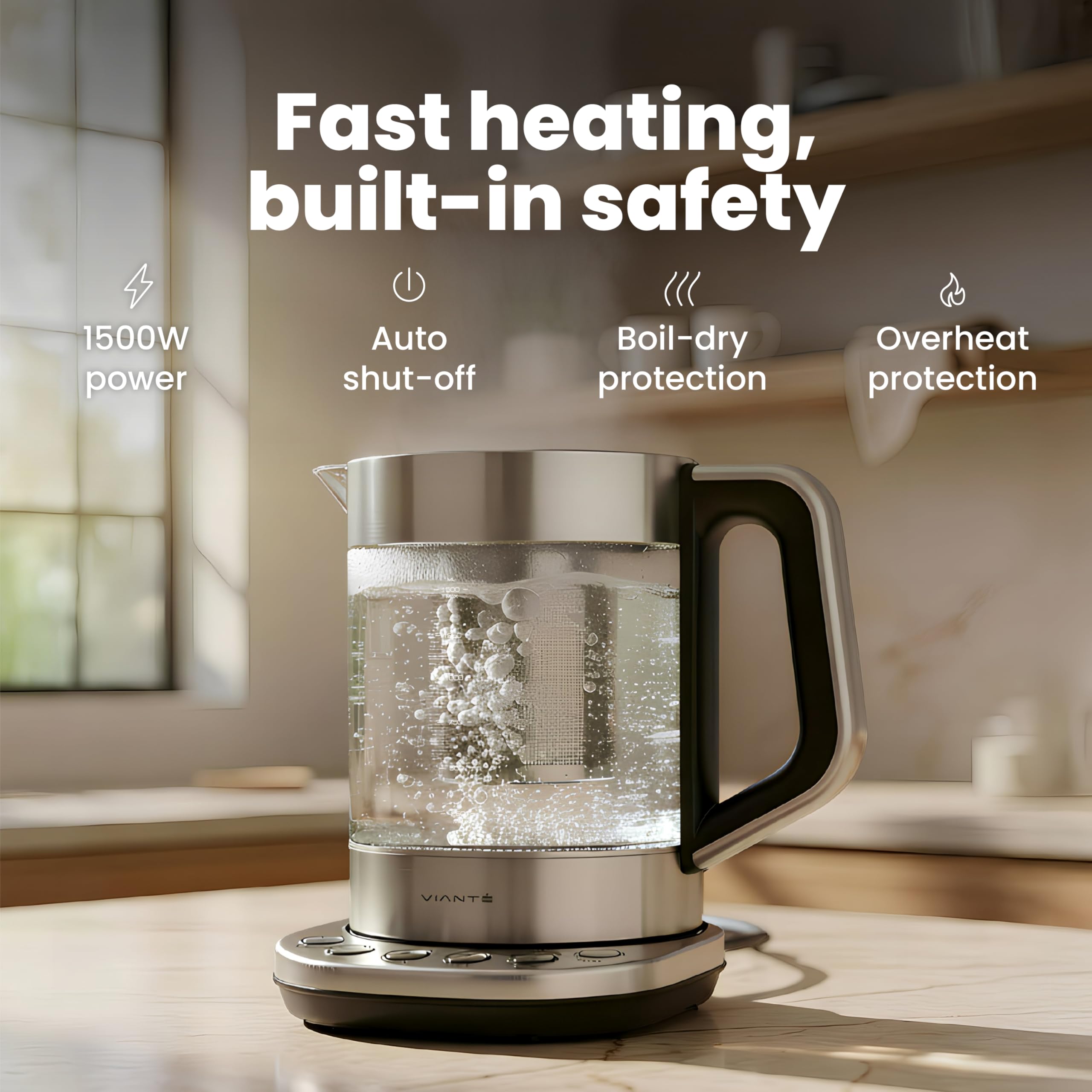 Viante Alba Electric Tea Kettle With Infuser, No Plastic, 1.5L | Borosilicate glass & 304 stainless steel construction. 4 temp presets, keep-warm, cordless, auto shut-off