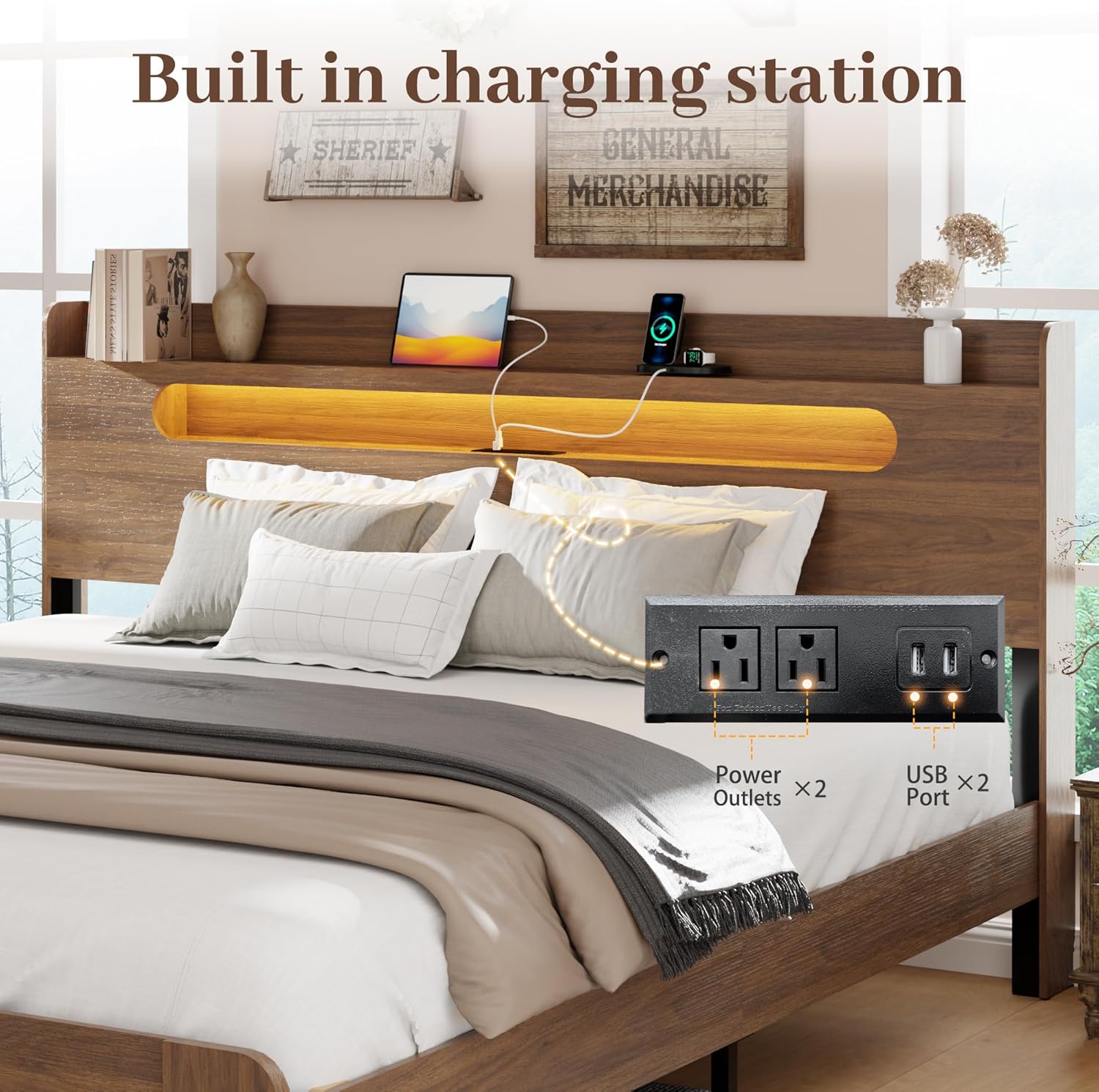 Wooden Bed Frame Queen Size with Headboard, Platform Bedframe with Charging Station & Led Lights, Sturdy and Stable Wood Bed Frame, Wood Slat Support (Walnut, King)