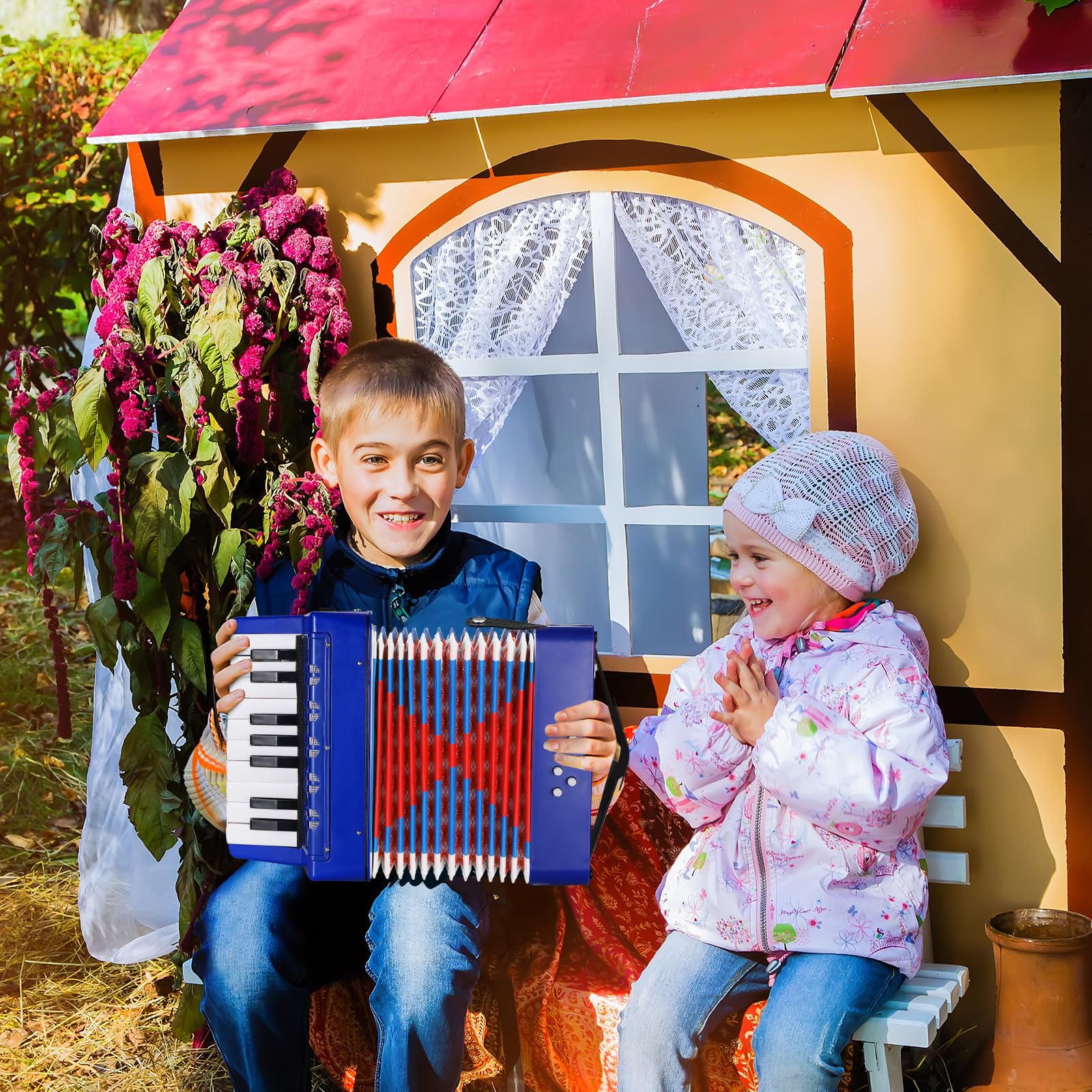 Akordeon dla dzieci, 17 przycisków, 8 basów, harmonijka dla dzieci z regulowanymi paskami do noszenia, dla dorosłych i 3 lata, instrument muzyczny, prezent dla początkujących, niebieski