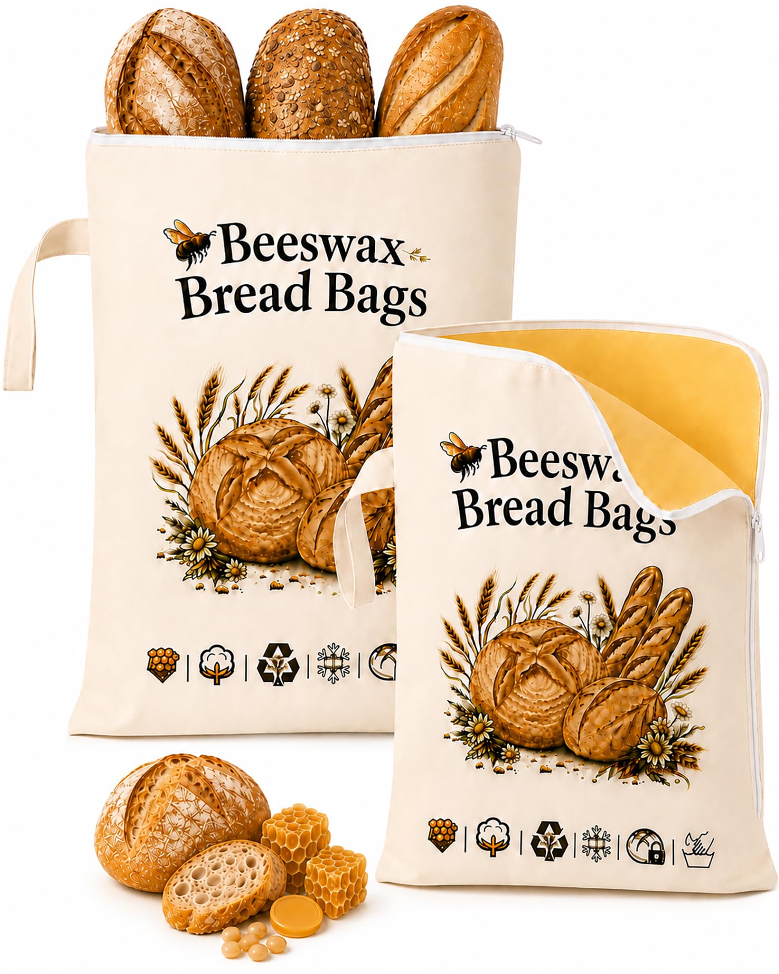 Beeswax Bread Bags for Homemade Bread, Sourdough, Wide Zip Opening, 2 Pack