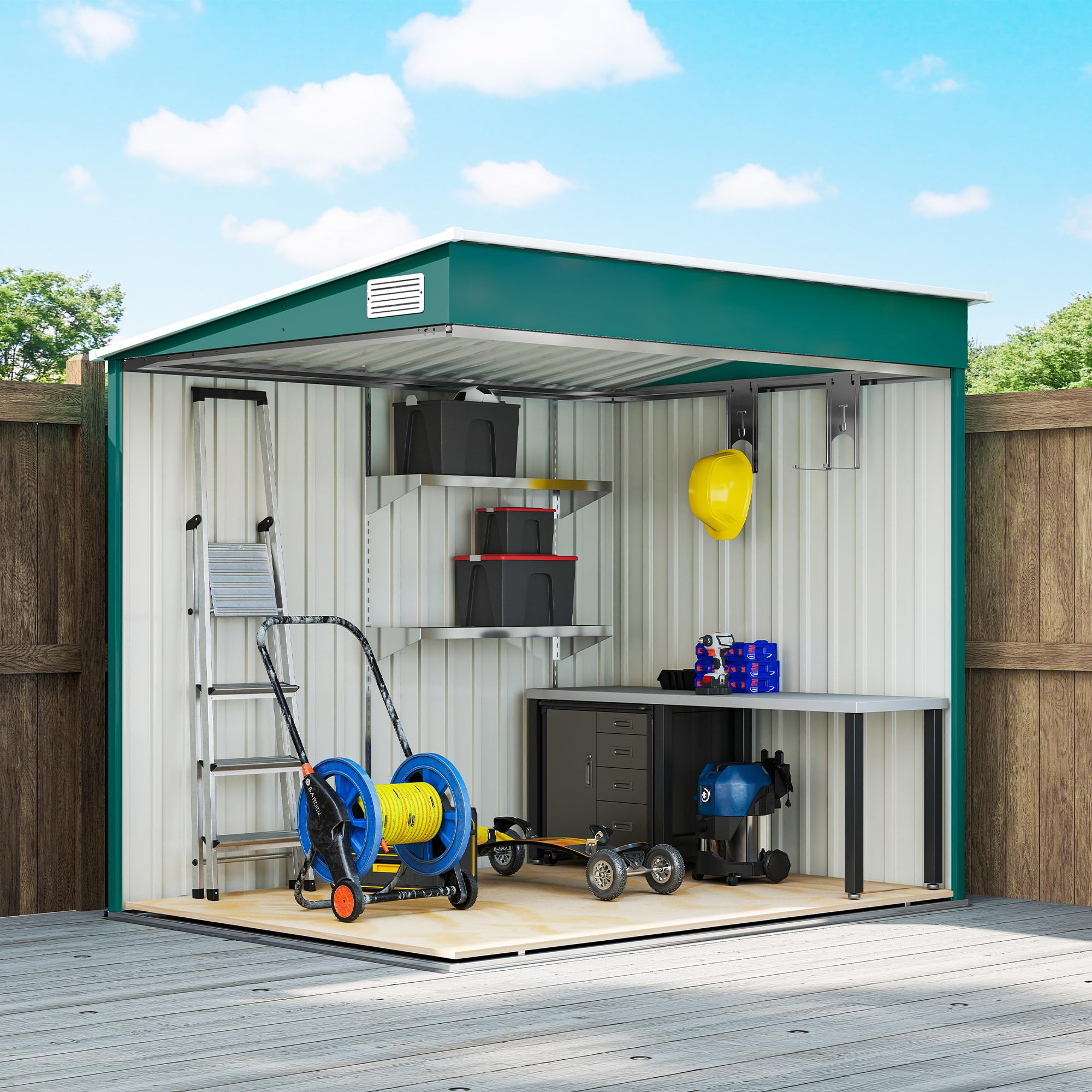 Outsunny Casetta da Giardino 2.81m² Acciaio Zincato Capanno Porta Attrezzi Addossato Porta Scorrevole Tetto Inclinato Verde